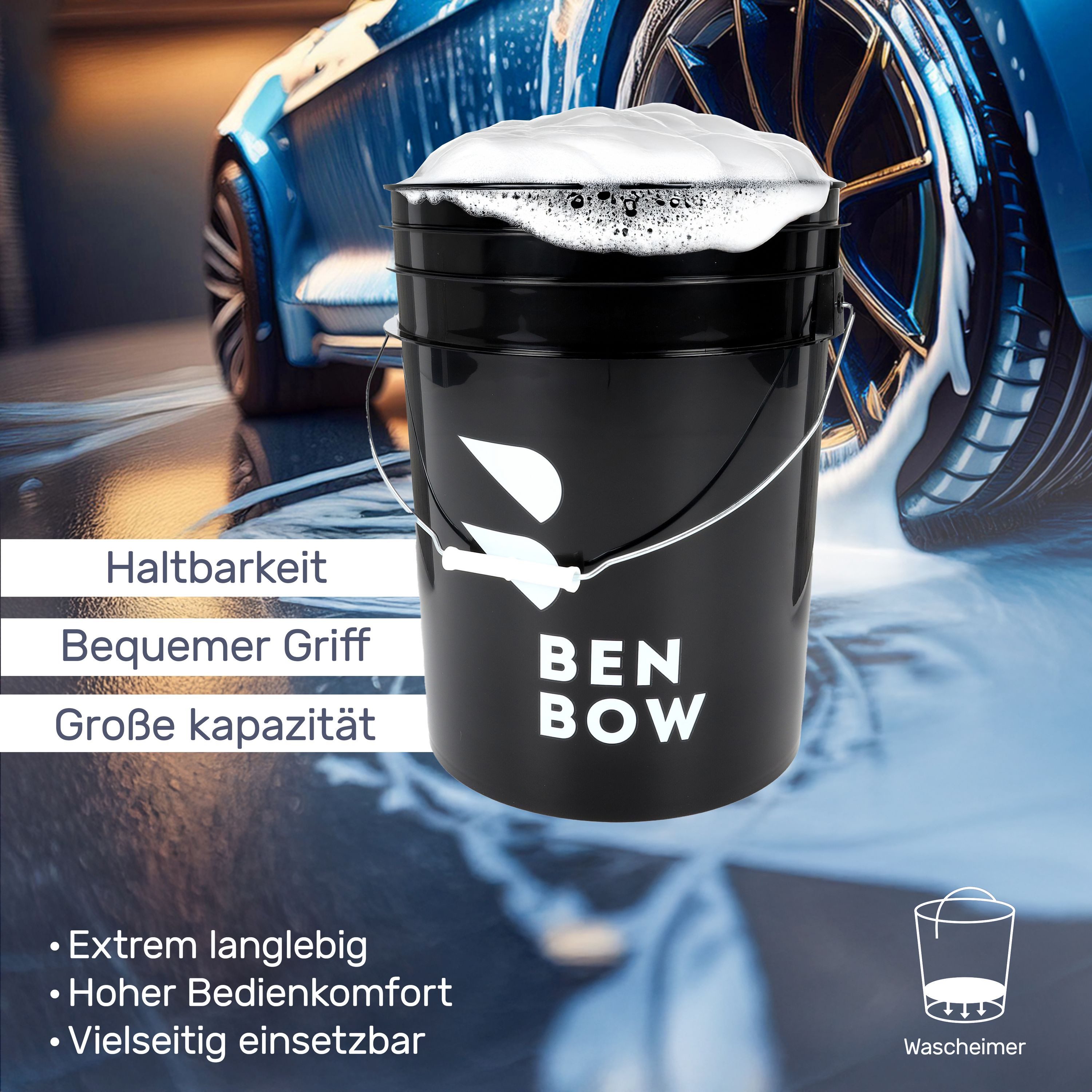 BENBOW BenBow: Autowäsche-Set: 20-Liter-Wascheimer mit Zubehör Auto-Reinigungsmittel (20L Wascheimer Schwarz + Schmutzsieb + Waschhandschuh + 1L Autoshampoo)