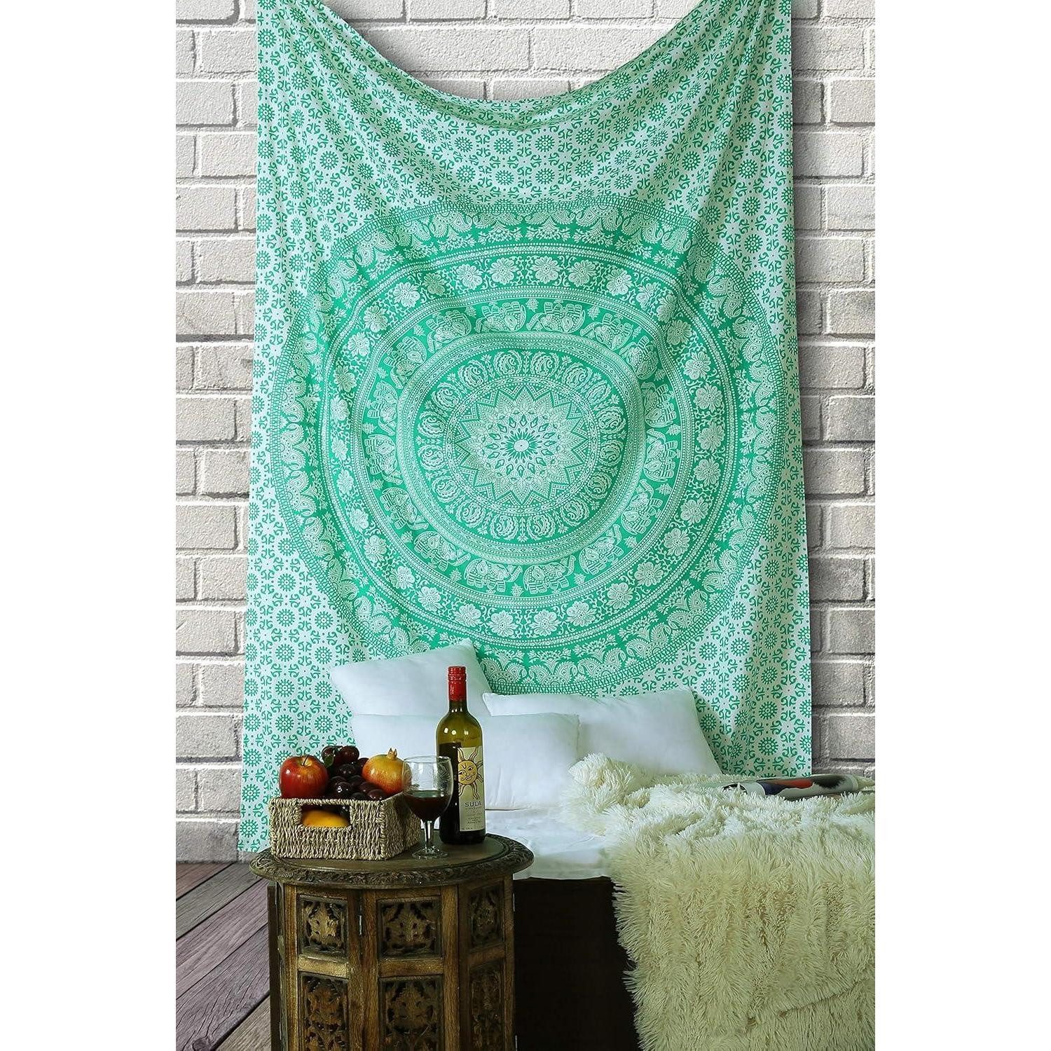 LuxusKollektion Wandteppich Wandbehang Boho Elefant Mandala Baumwolle Grün 76.2L x 101.6B cm