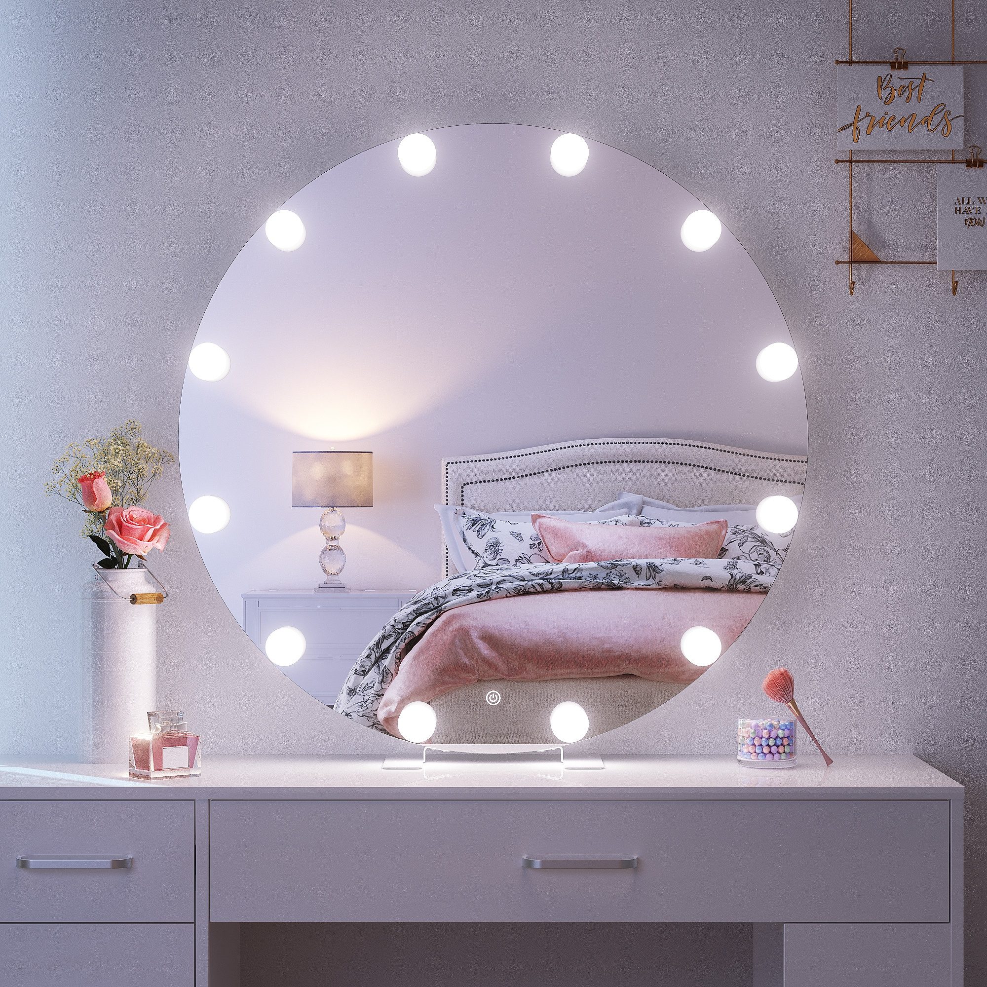 Schminkspiegel 80cm LED Spiegel 3 Farben dimmbar, Touch + Steckdose – Wand/Tisch