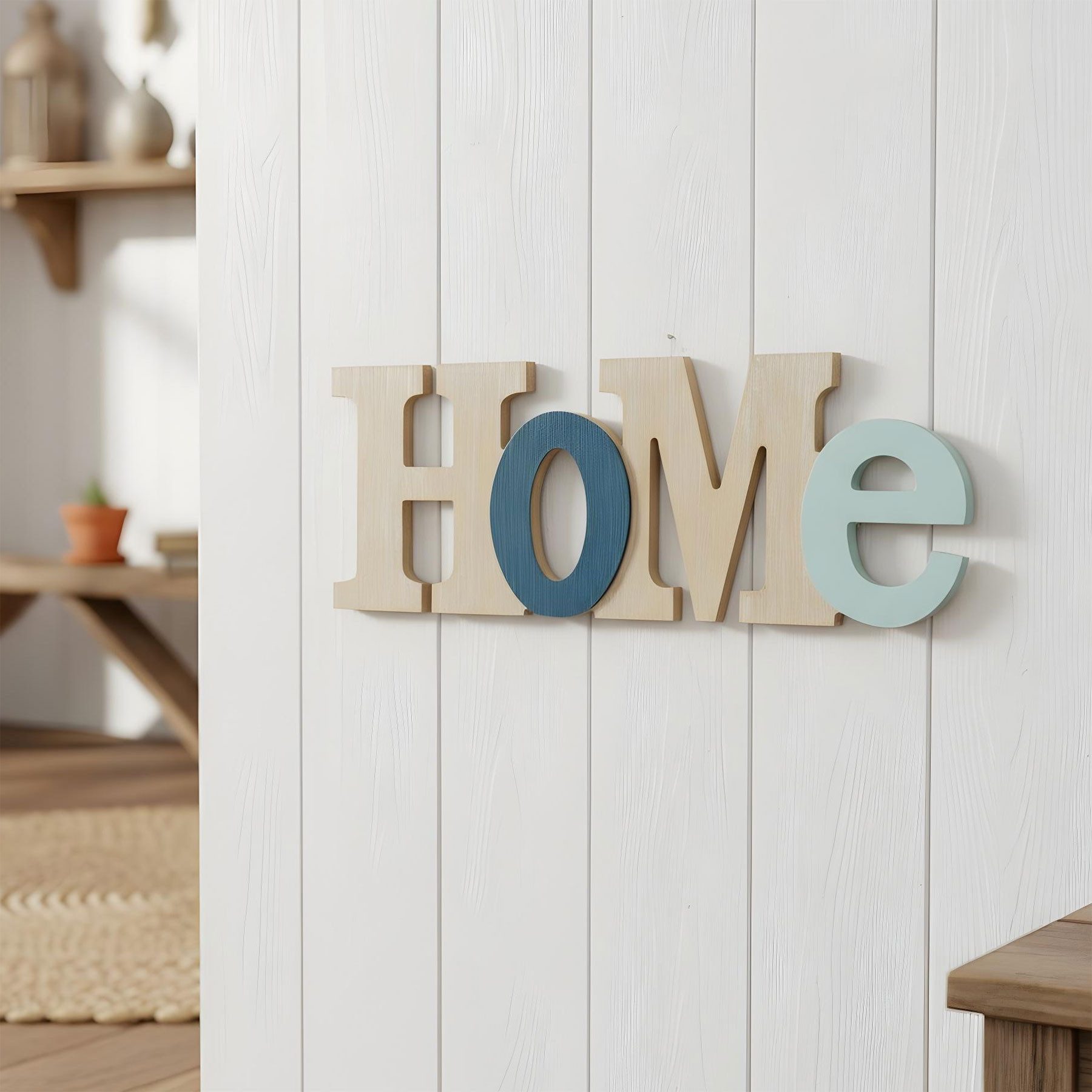 Levandeo® Deko-Schriftzug, Schriftzug Home L35cm Blau Natur MDF Holz Buchstaben Wanddeko