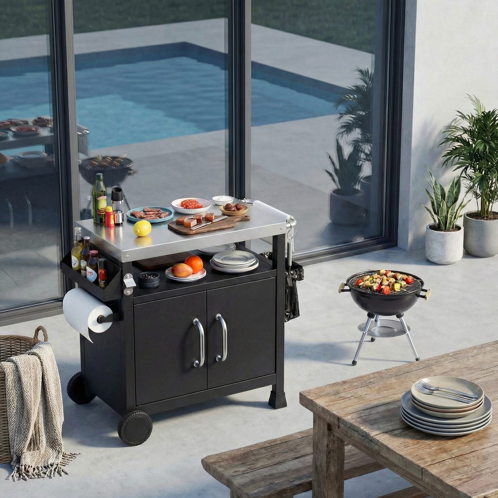 TLGREEN Grillablagetisch, Edelstahl Servierwagen 3-Etagen (92.5 x 58 x 82 cm Küchenwagen Edelstahl), Küchentrolley mit Schrank Rollen Haken,BBQ Beistellwagen Küchenwagen