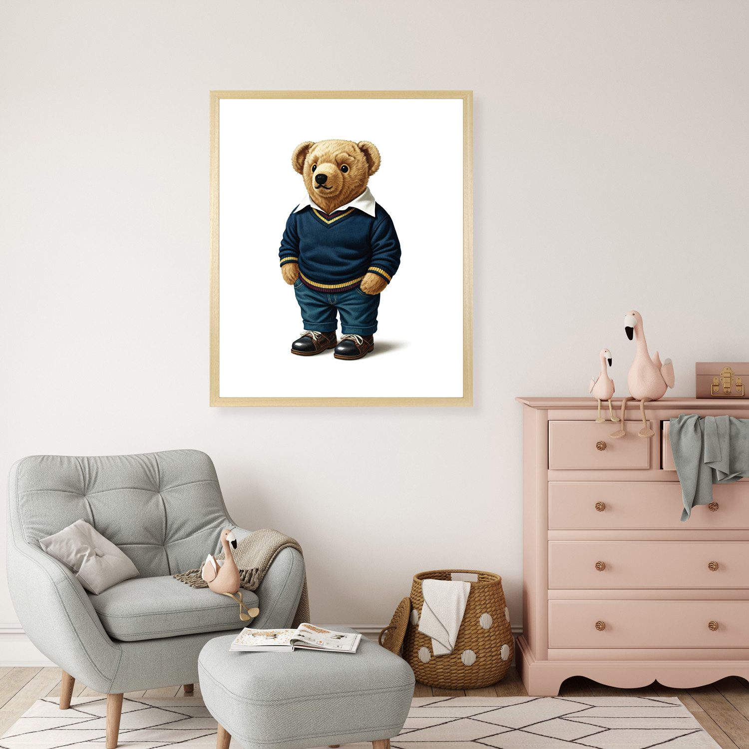 queence Bild mit Rahmen Vintage Polo Teddy Bär in Pullover und Hemd, Bär, Bären, Fashion, Figuren, Mode, Modebilder, HD Premium Poster-Druck inkl. Echtholzrahmen in beige