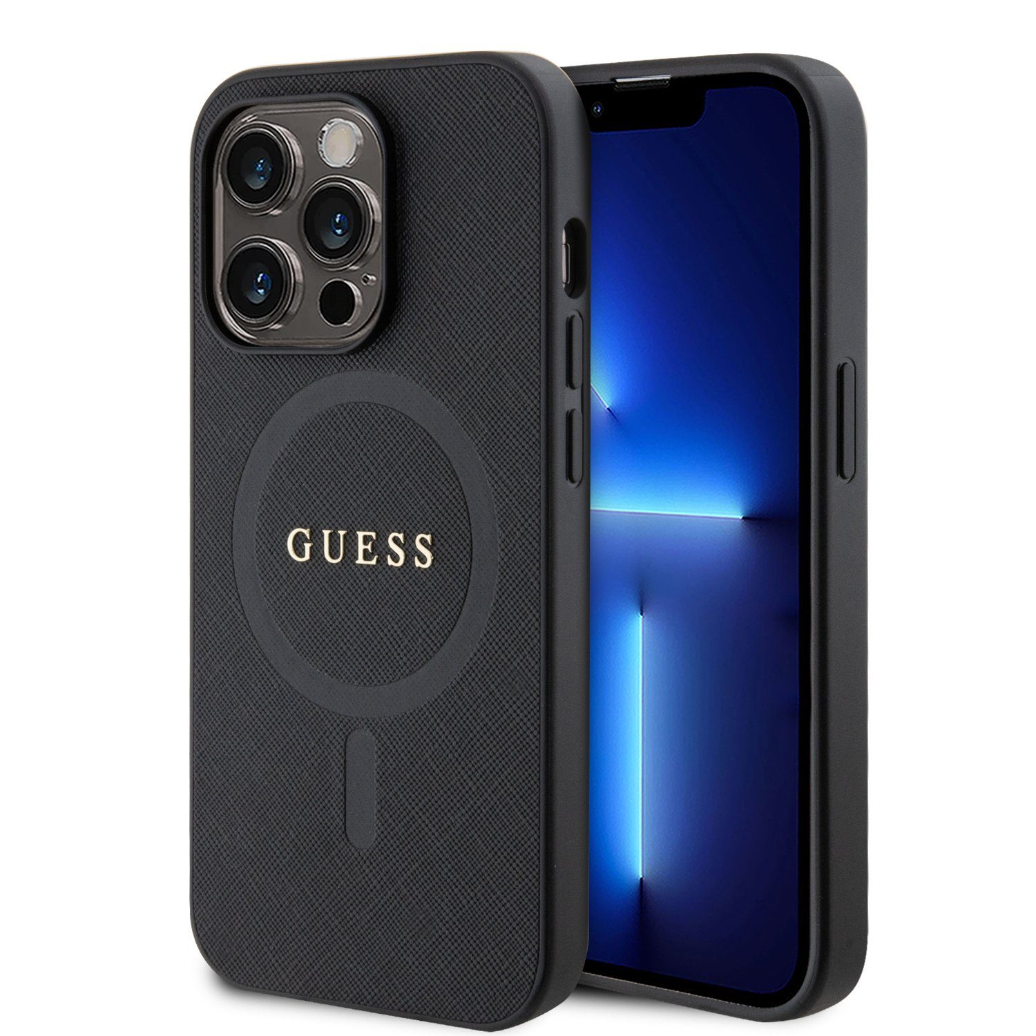 Guess Handyhülle Guess PU Saffiano MagSafe Case für iPhone 15 Pro Max schwarz Schutzhül