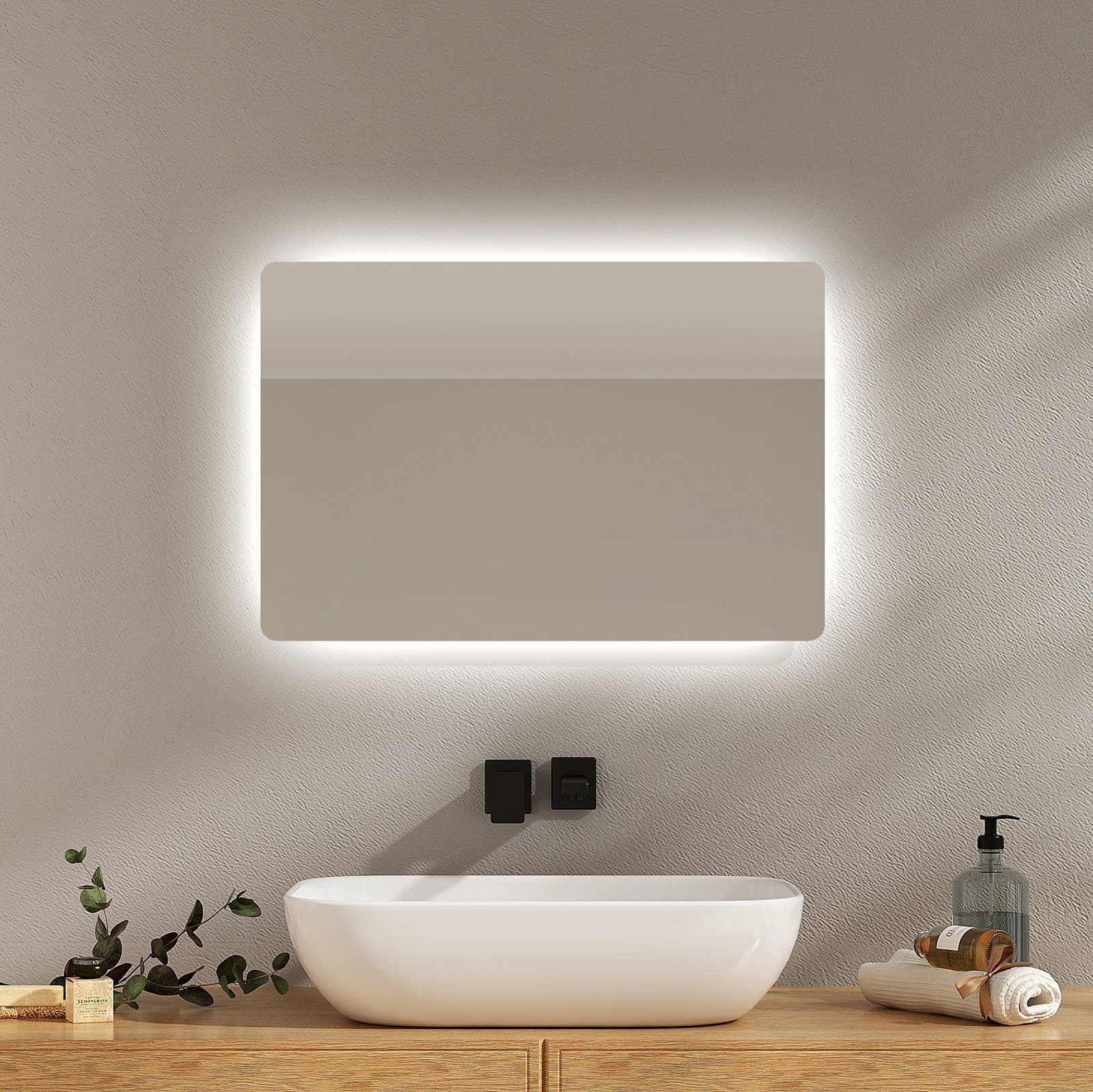 EMKE LED-Lichtspiegel Wandspiegel mit Beleuchtung LED Badspiegel Klein mit Beschlagfrei, 2 Lichtfarbe Warmweiß/Kaltweiß, Knopfschalter, IP44 | Schminkspiegel