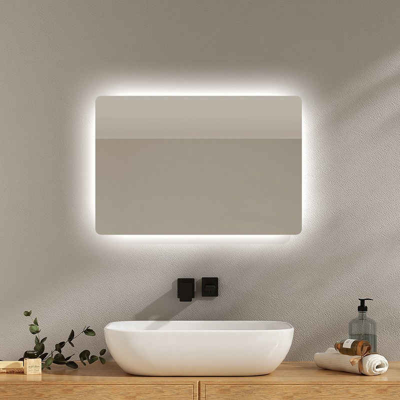 EMKE LED-Lichtspiegel Wandspiegel mit Beleuchtung LED Badspiegel Klein mit Beschlagfrei, 2 Lichtfarbe Warmweiß/Kaltweiß, Knopfschalter, IP44
