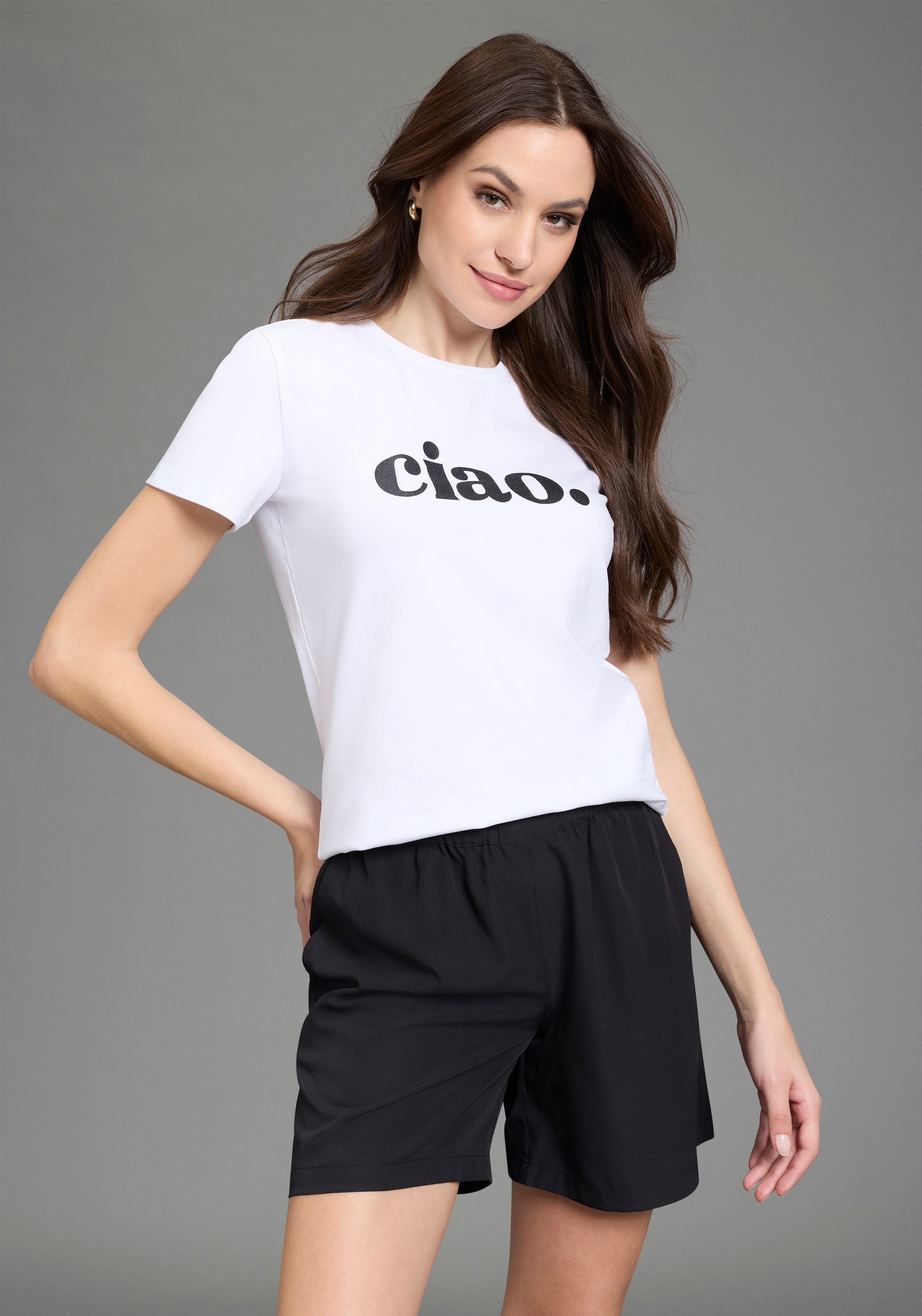 Laura Scott T-Shirt ciao mit glitzerndem Statement-Print, figurumspielende günstig online kaufen