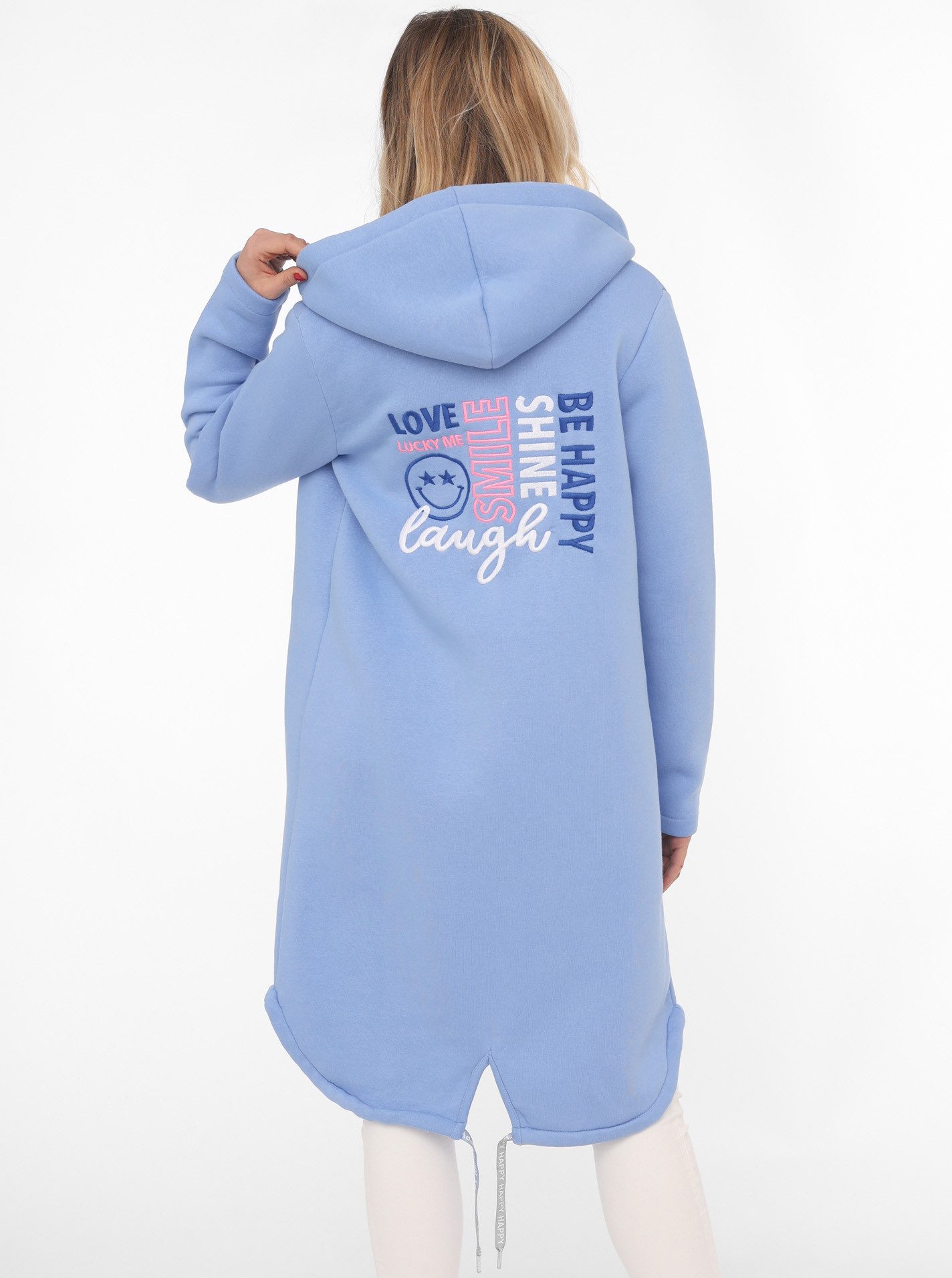 Zwillingsherz Jerseymantel "Be happy & shine" mit auffälig gesticktem Front und Back Motiv