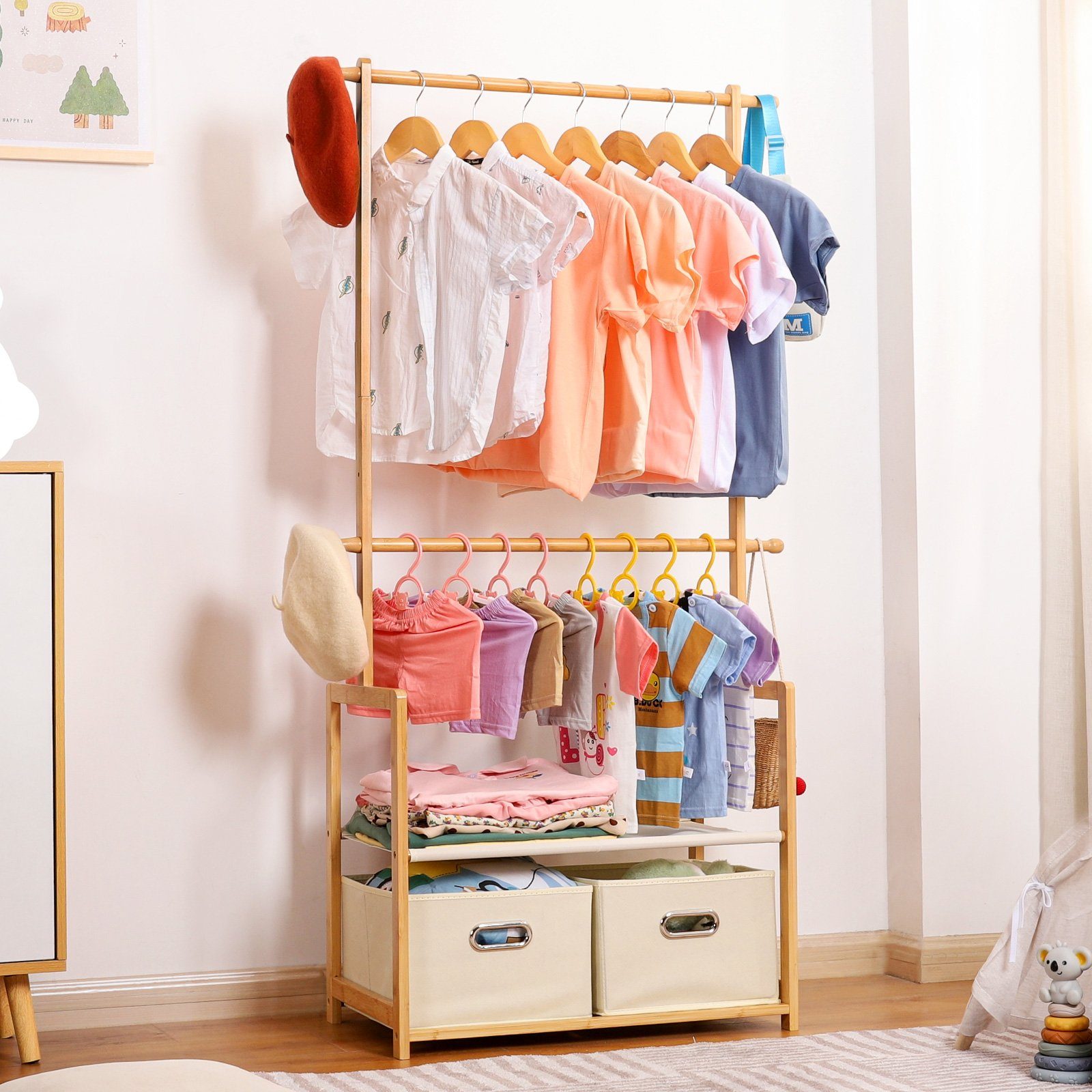 Yorbay Kleiderständer Kinder Kleiderständer aus Bambus, 74 x 35 x 140cm, Kinderregal, (Mit 2 Boxen, Kleiderstange, Kinder offnene Kleiderschrank), Garderobenständer für Kinder, Kinderzimmer und Schlafzimmer