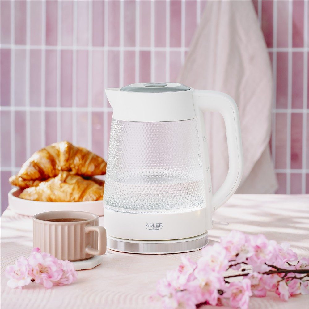 ADLER EUROPE Wasserkocher AD 1306 Glaswasserkocher mit LED-Beleuchtung, 1,8 l, 2200 W, Glas, Wasserstandsanzeige, Kalkfilter, LED, weiß