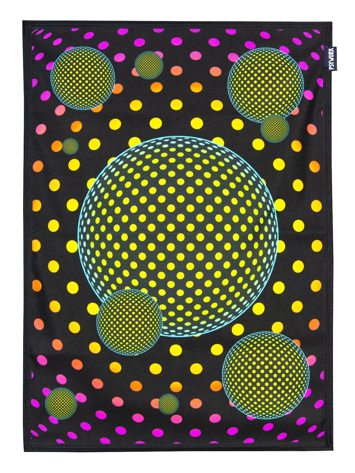 PSYWORK Poster PSYWORK Schwarzlicht Stoffposter Neon "Dots Bubble Balls", 0,5x0,7m, UV-aktiv, leuchtet unter Schwarzlicht