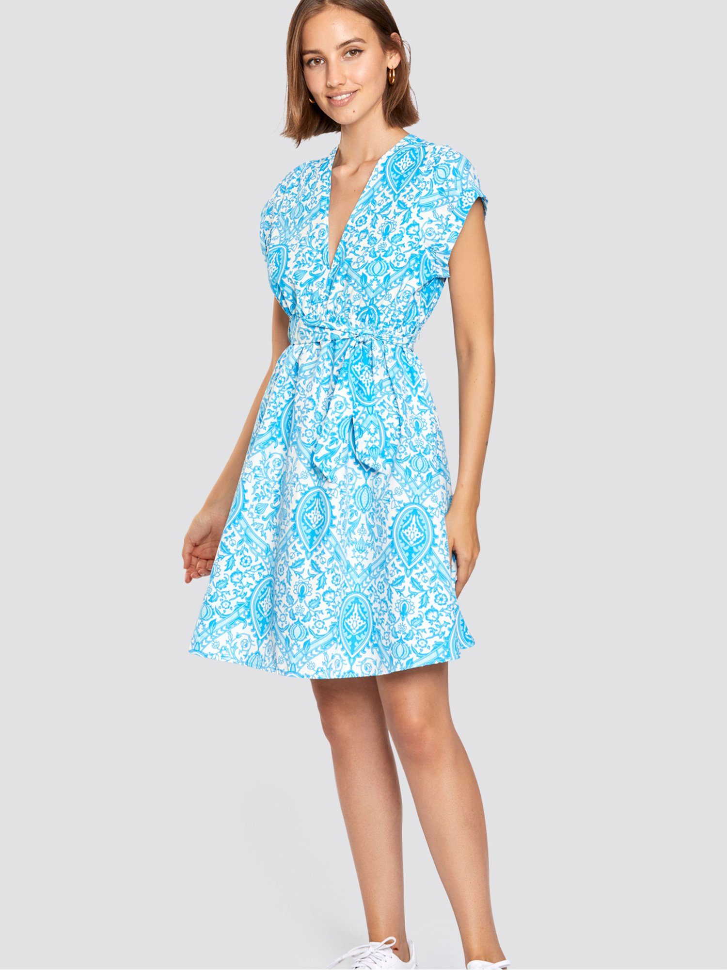 Freshlions Minikleid Gemustertes Kleid Sonstige, Taillentunnelzug blau