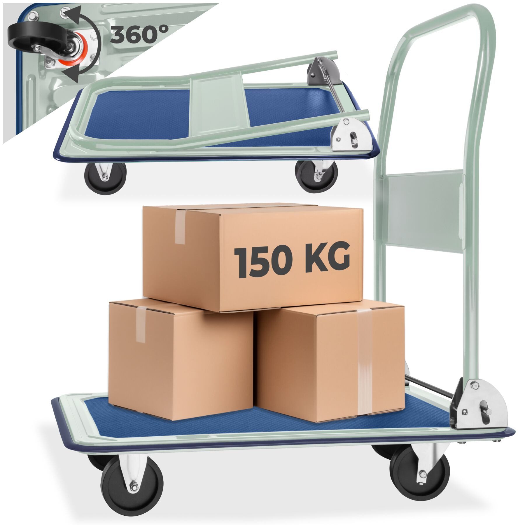 tectake Transportwagen Plattformwagen mit Ladefläche 73 x 47 cm, bis 150 kg belastbar, (Transportwagen, in weiß), Klappgriff, 2 Block-/2 Drehrollen, rutschfeste Auflage, Kantenschutz