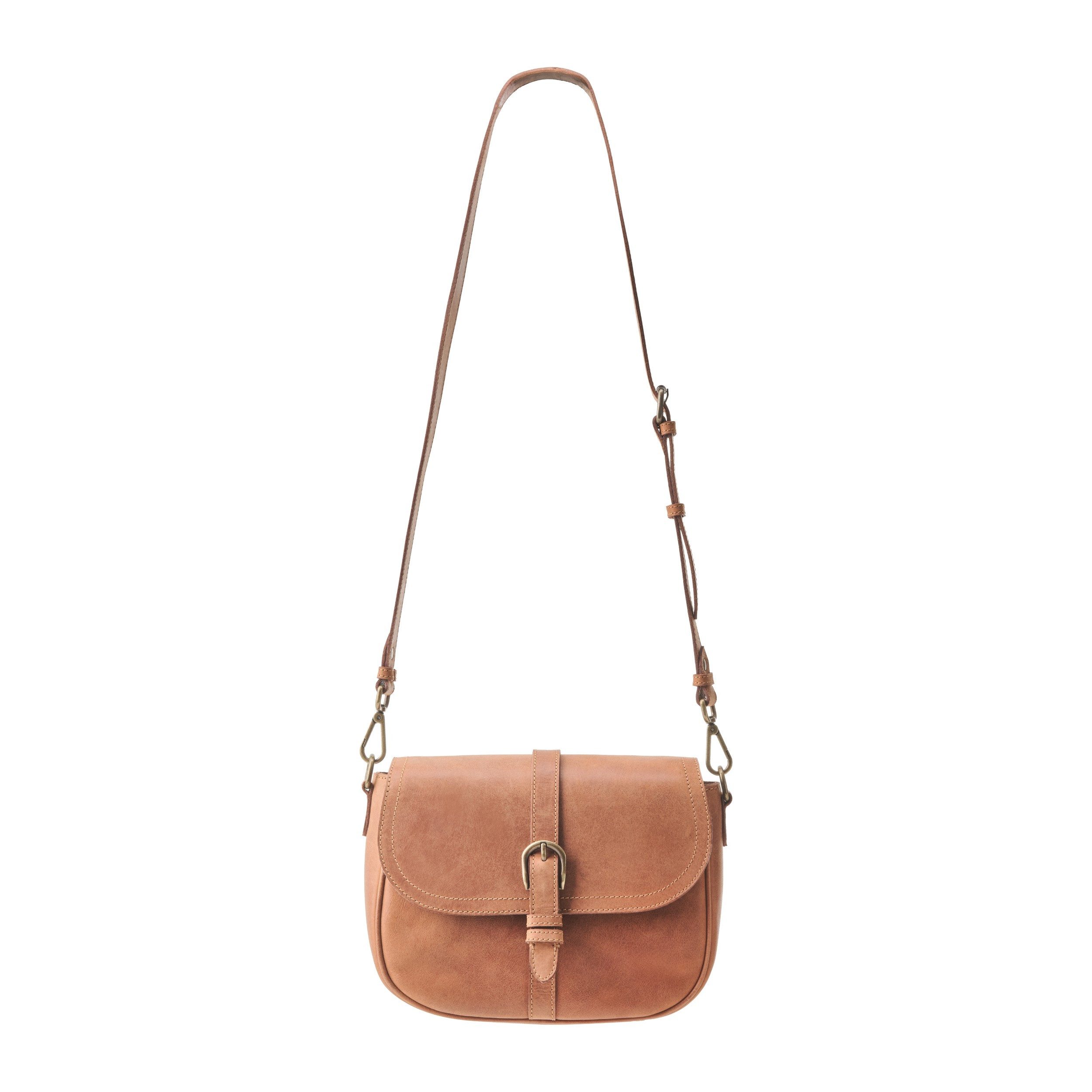 DRAKENSBERG Umhängetasche Satteltasche »Sara« Cognac-Braun, Damen Leder Handtasche mit viel Platz, handgemacht im Vintage-Design