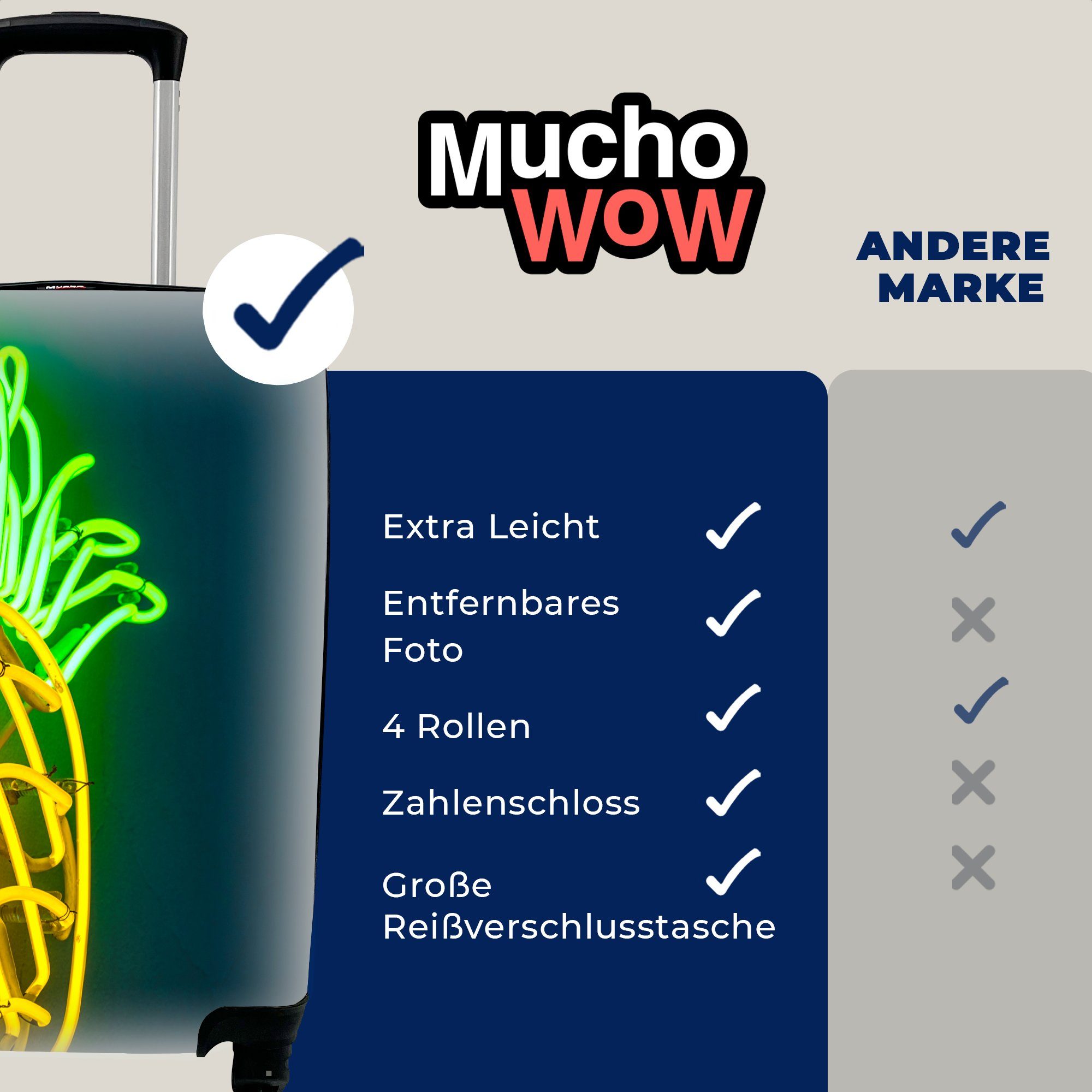 MuchoWow Handgepäckkoffer - - mit Ferien, Lampe, Reisekoffer 4 Neon rollen, Handgepäck Trolley, Ananas Reisetasche Rollen, für