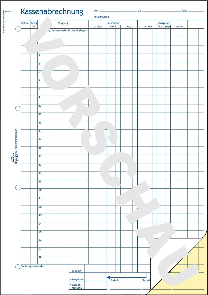 Avery Zweckform Formularblock Formularbuch Kassenabrechnung A4 selbstdurchschreibend VE=2x40 Blatt