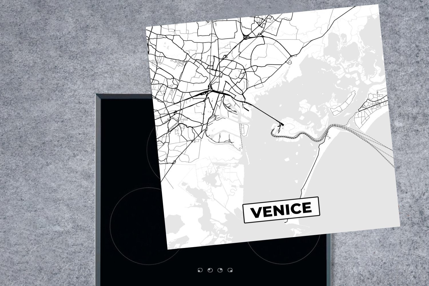 MuchoWow Herdblende-/Abdeckplatte Venedig 78x78 (1 tlg), - - Vinyl, Ceranfeldabdeckung, Stadtplan Karte cm, weiß, und Schwarz küche - Arbeitsplatte für