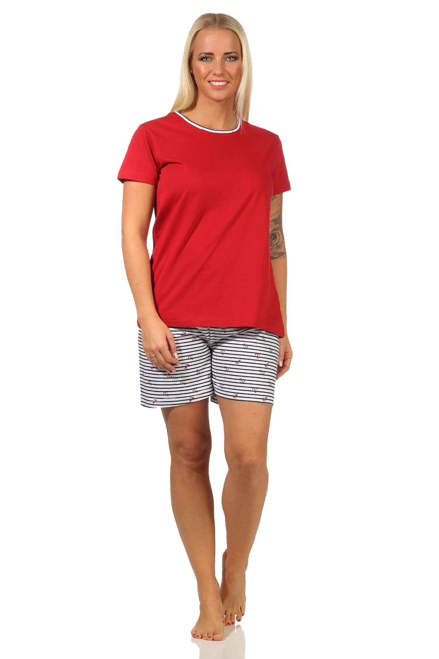 RELAX by Normann Pyjama Maritimer Damen Shorty kurzarm Schlafanzug Pyjama, Hose gestreift rot