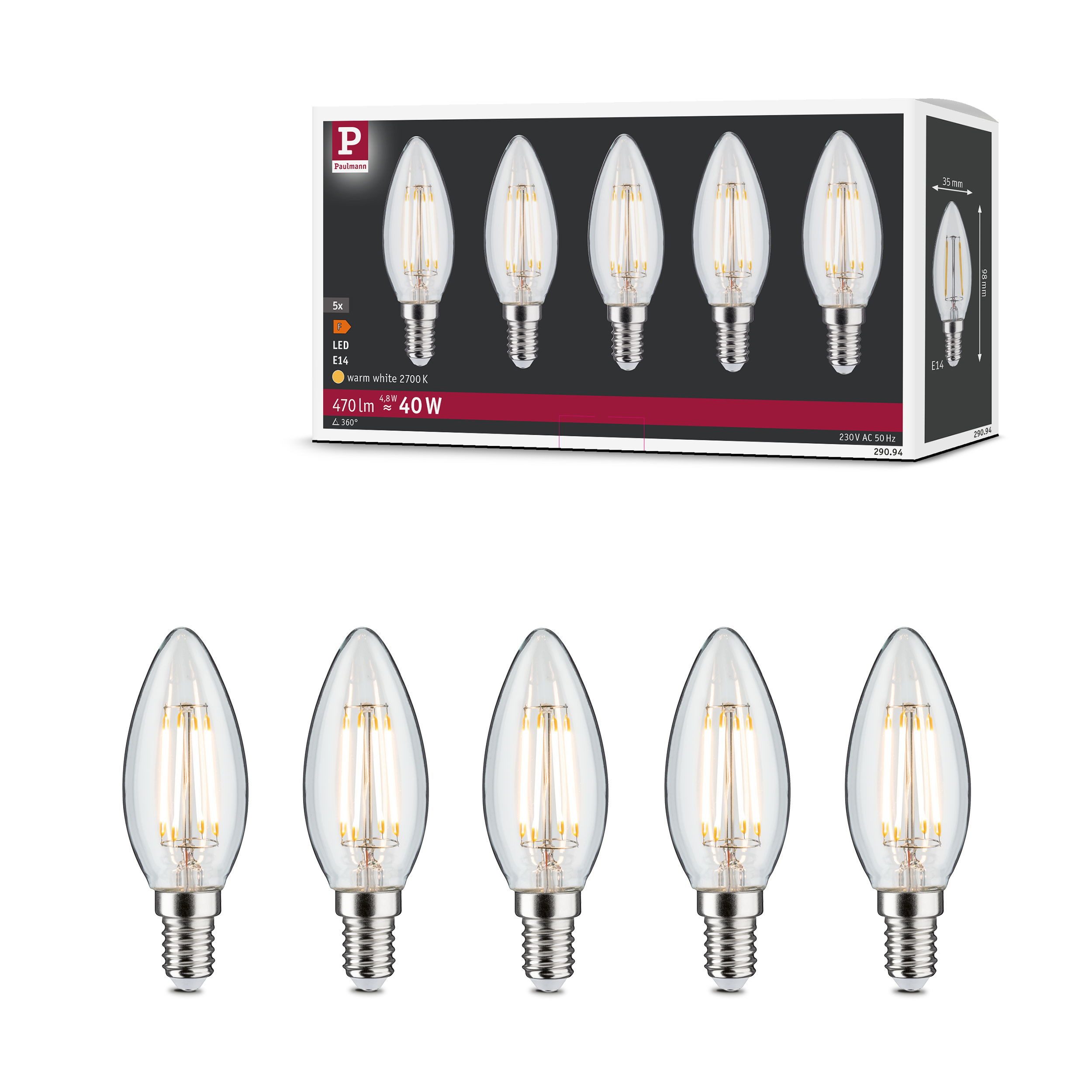 Paulmann LED-Leuchtmittel 5er Pack Kerze 470lm 2700K klar 230V, E14, 5 St., Warmweiß – Bild 3 von 5