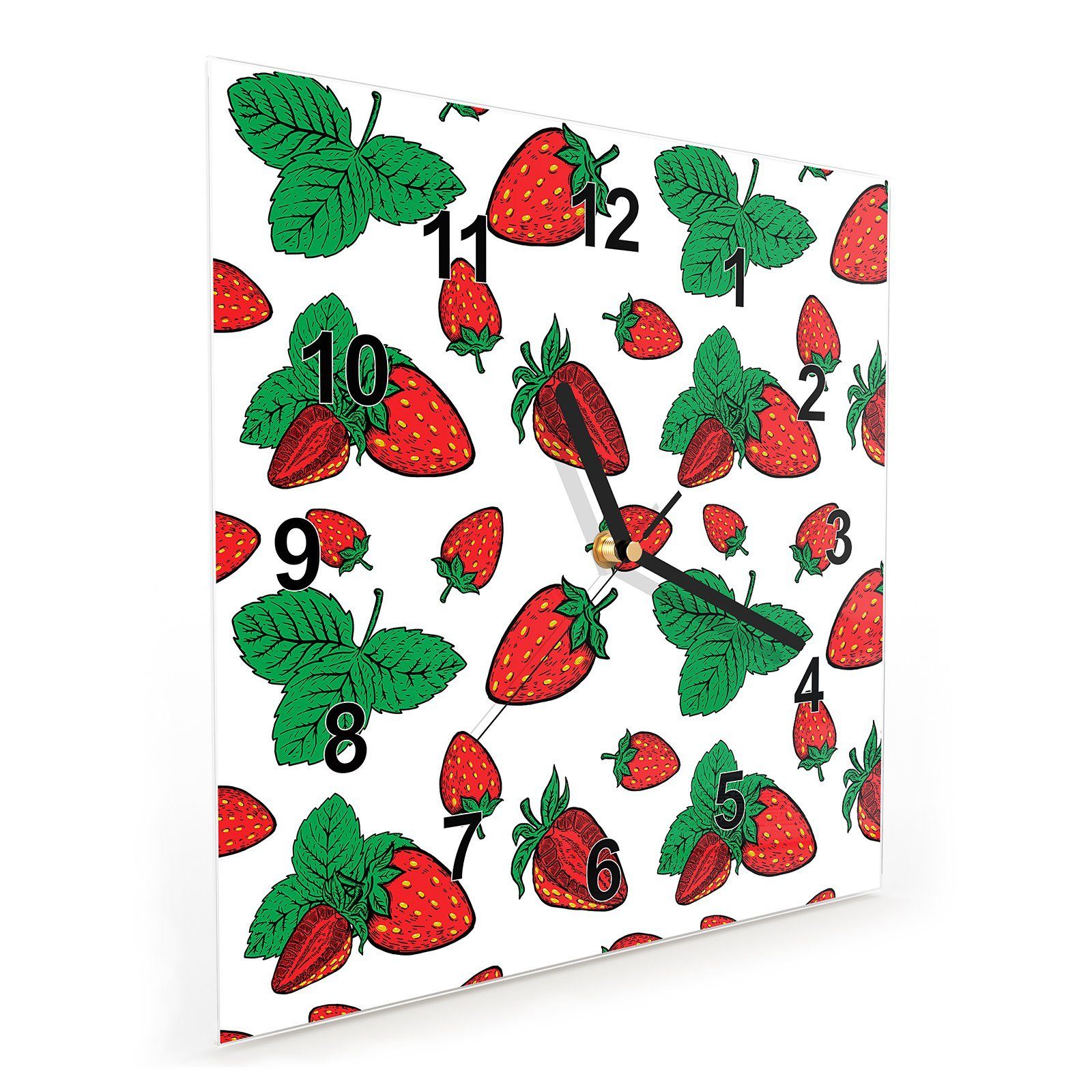 Glasuhr Wanduhr und Erdbeeren Motiv mit cm Blätter x 30 Wandkunst Größe 30 Primedeco Wanduhr