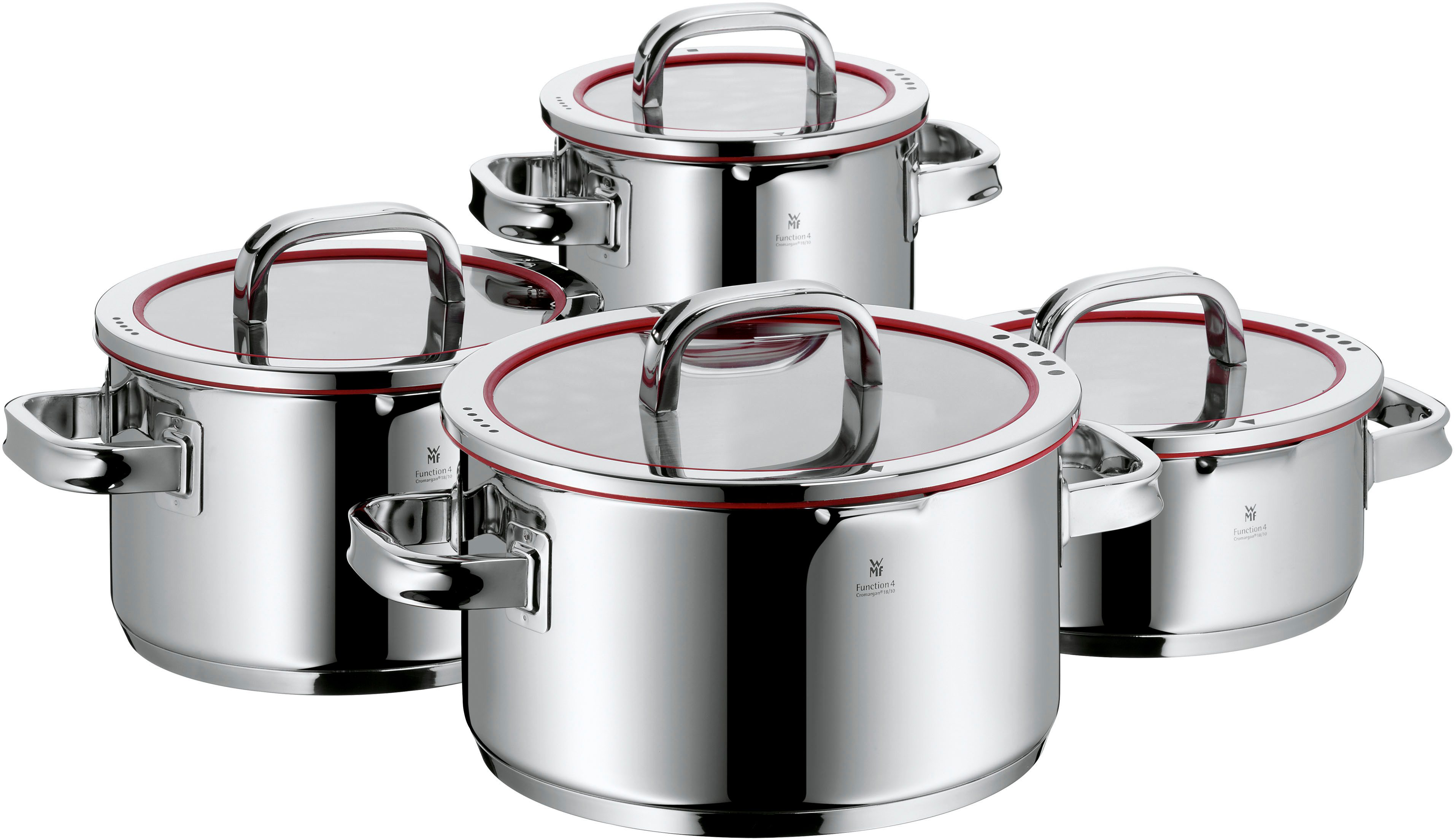 WMF Topf-Set Function 4, Cromargan® Edelstahl Rostfrei 18/10 (Set, 8-tlg), wärmereduzierende Griffe, mit 4 Abgießfunktionen, Innenskalierung