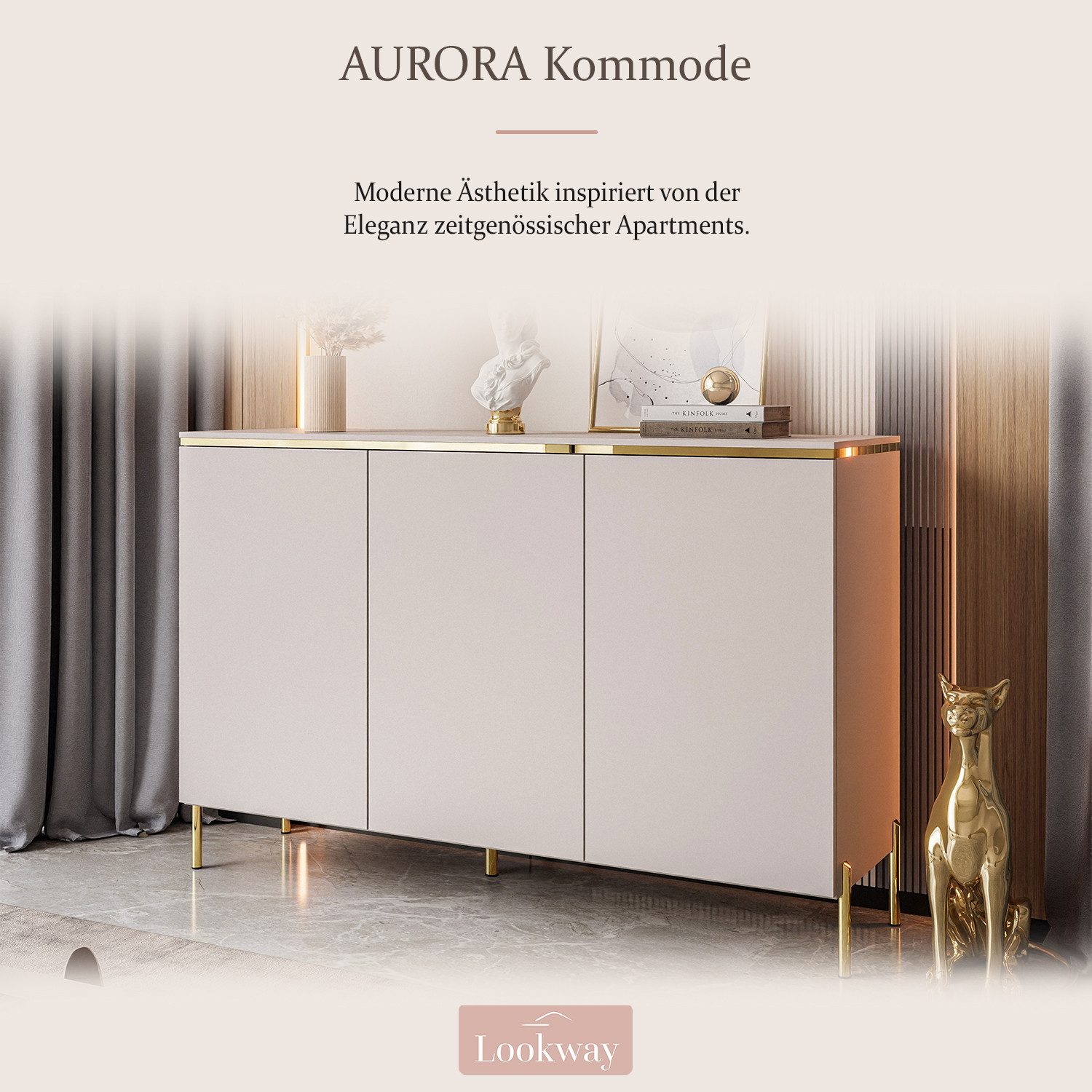 Lookway Kommode AURORA II Kaschmir Hängende Anrichte mit Dreitürige oder auf Beinen, 140x76/90/91x40 cm – Bild 2 von 5