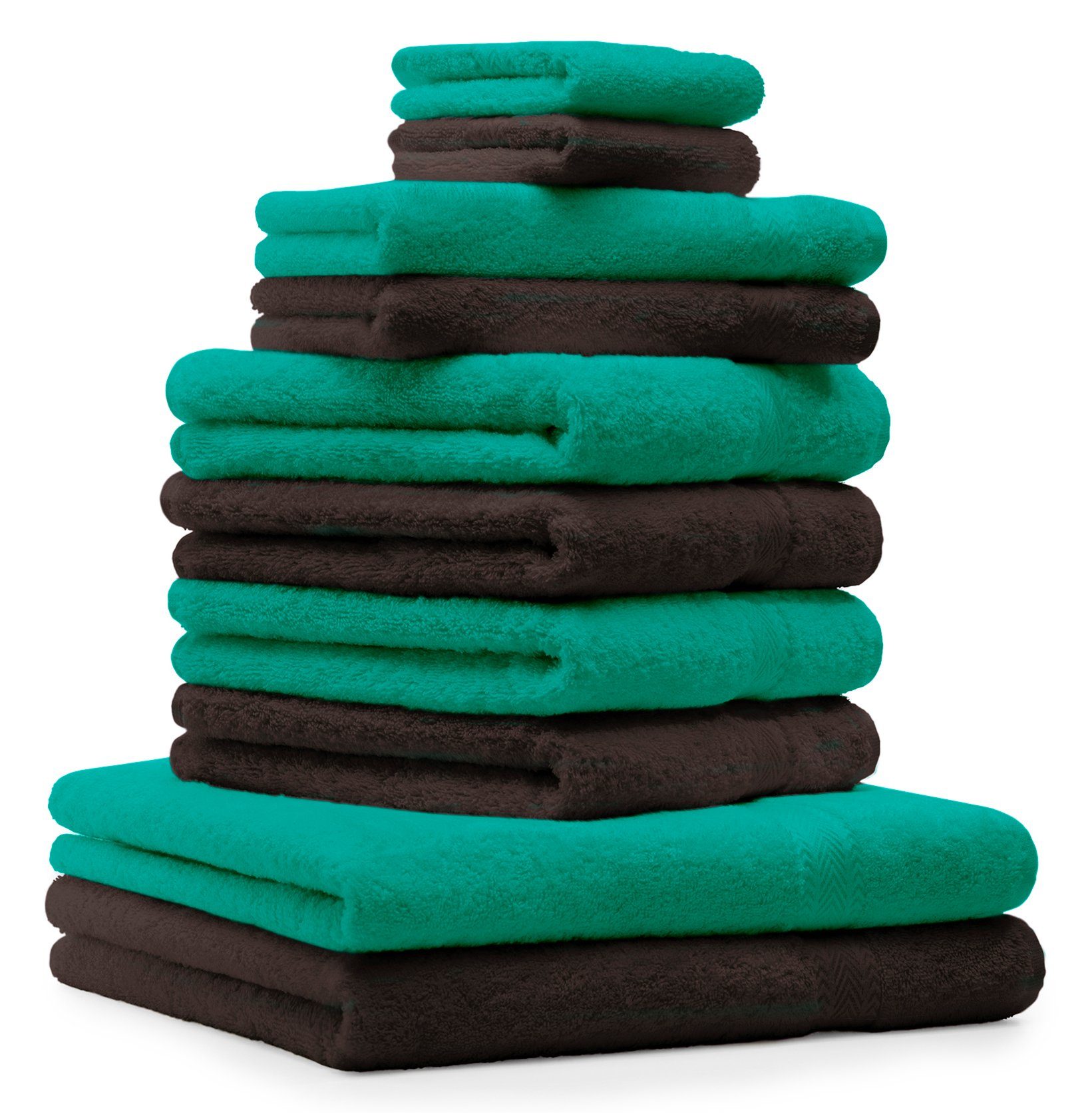 Betz Handtuch dunkelbraun, Baumwolle Handtuch-Set 100% 100% & smaragdgrün 10-TLG. Baumwolle Classic Set