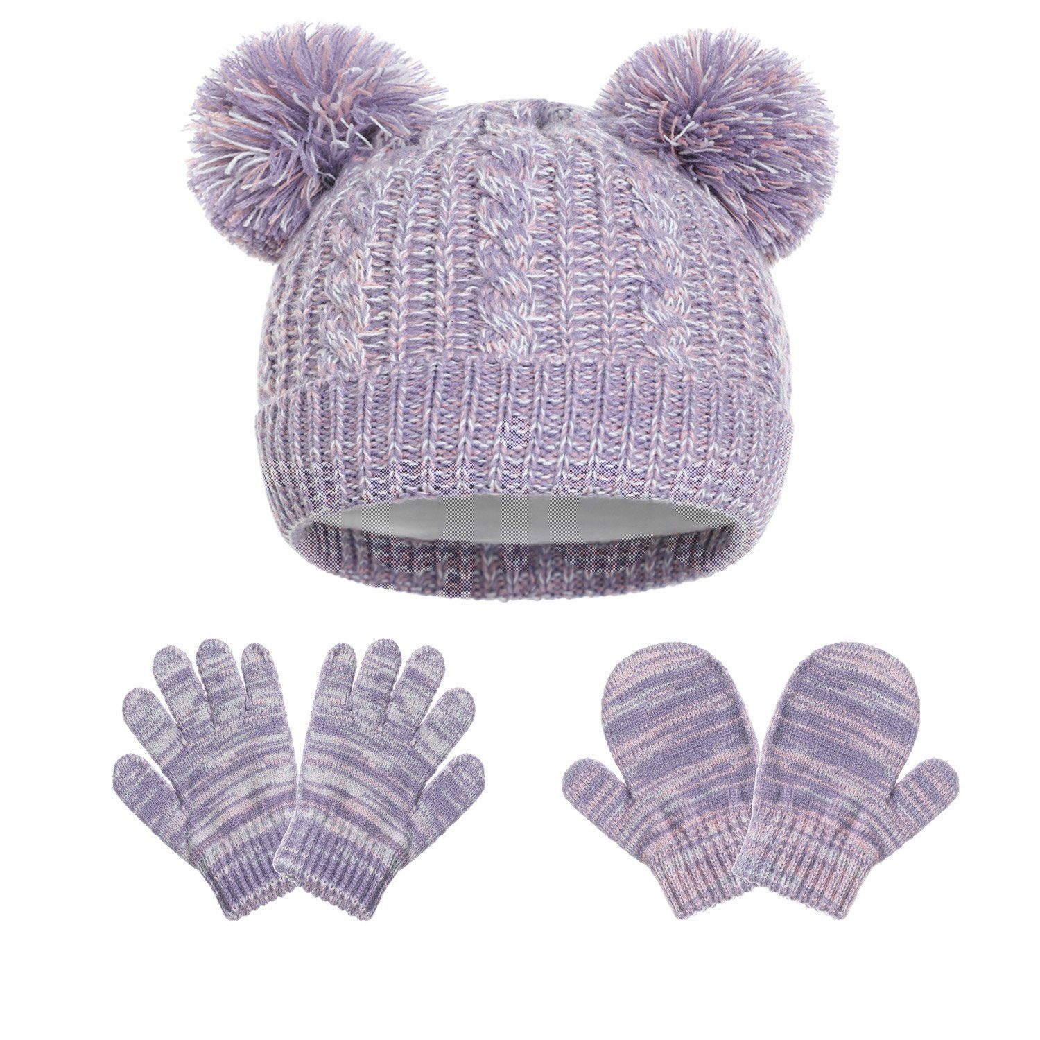 MAGICSHE Bommelmütze Mütze & Handschuhe Wintermütze Mit Wollfutter für Kinder im Alter von 1-5 Lila