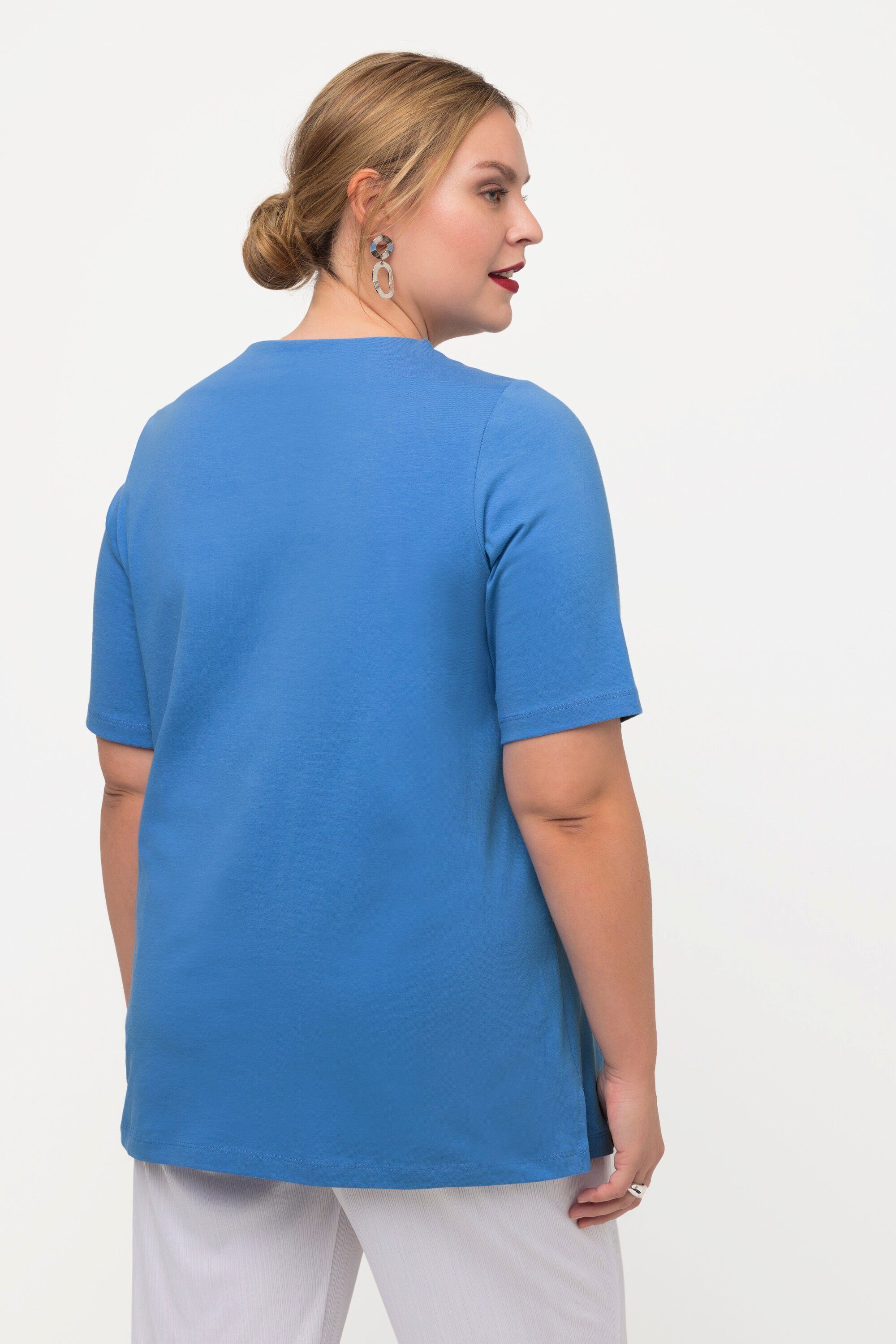 V-Ausschnitt stahlblau T-Shirt Classic Ulla Halbarm Zierbänder Popken Rundhalsshirt