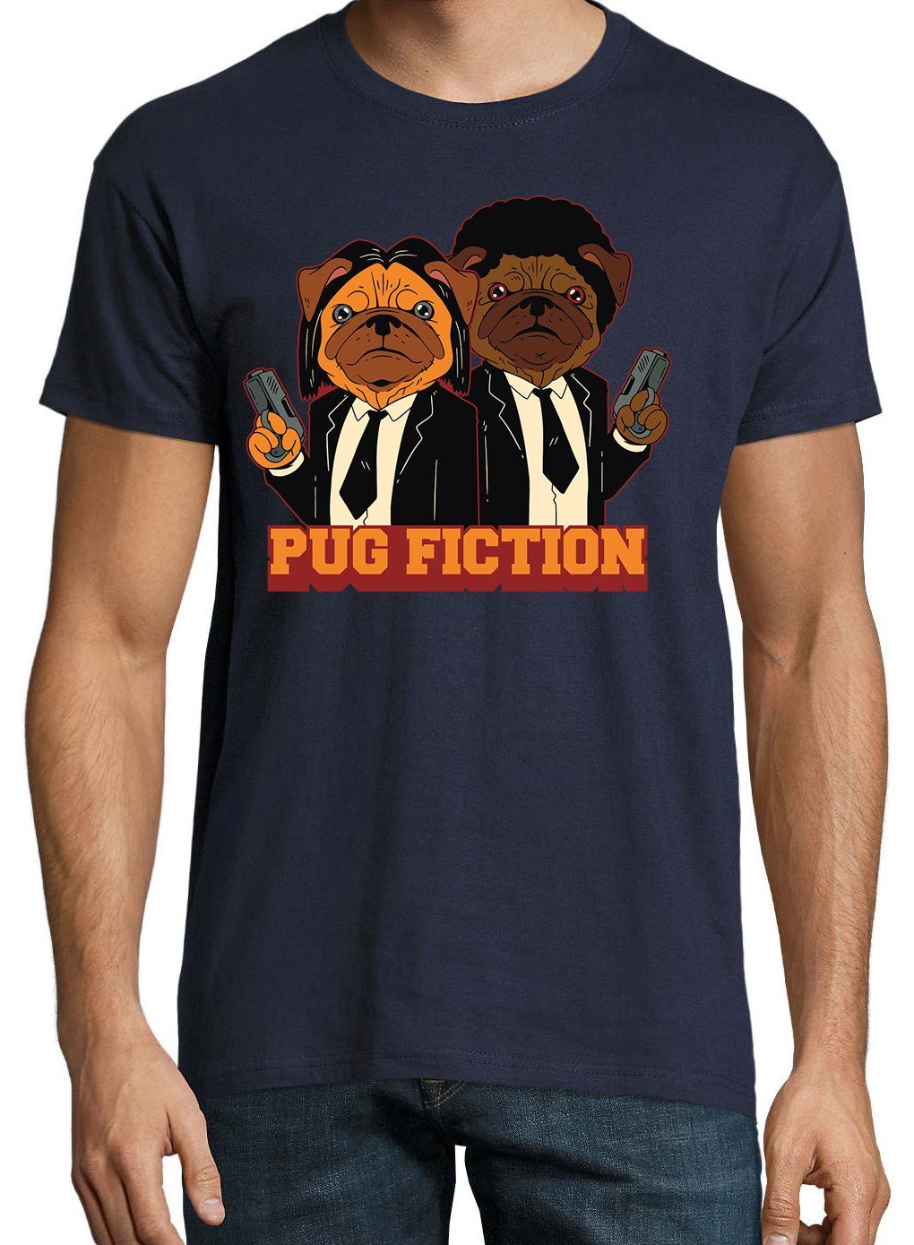 Fiction T-Shirt Youth Frontprint Designz mit Herren Shirt Navyblau Pug trendigem