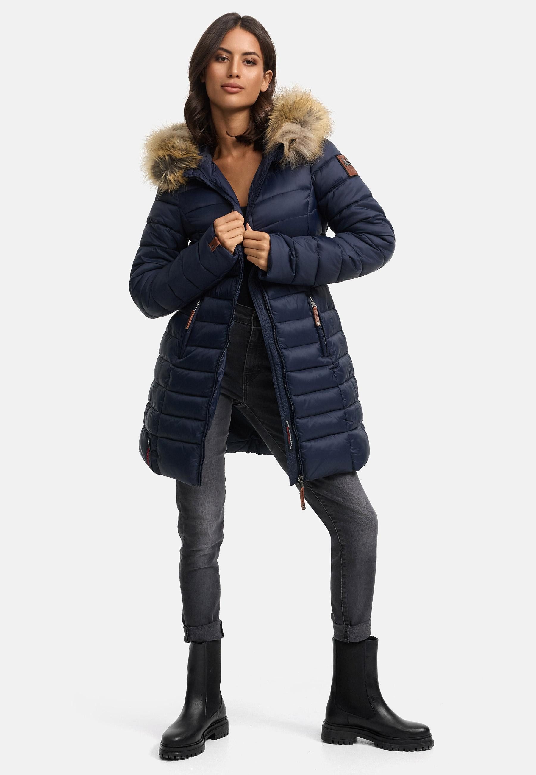 Marikoo Steppmantel Rose-Stepp zeitloser Winterparka mit großer Kunstfellkapuze