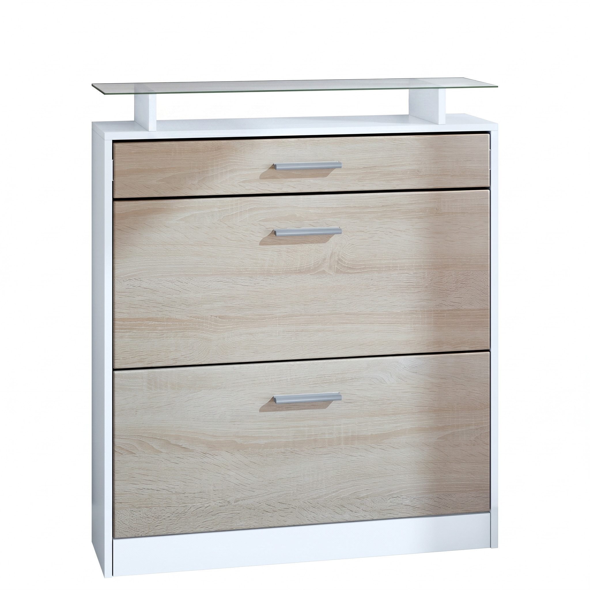 Vladon Schuhschrank Loret (hängender Schuhkipper für 16 Paar Schuhe, mit 2 Klappen und 1 Schublade und Glasablage) Weiß matt/Eiche sägerau (89 x 104 x 23 cm)
