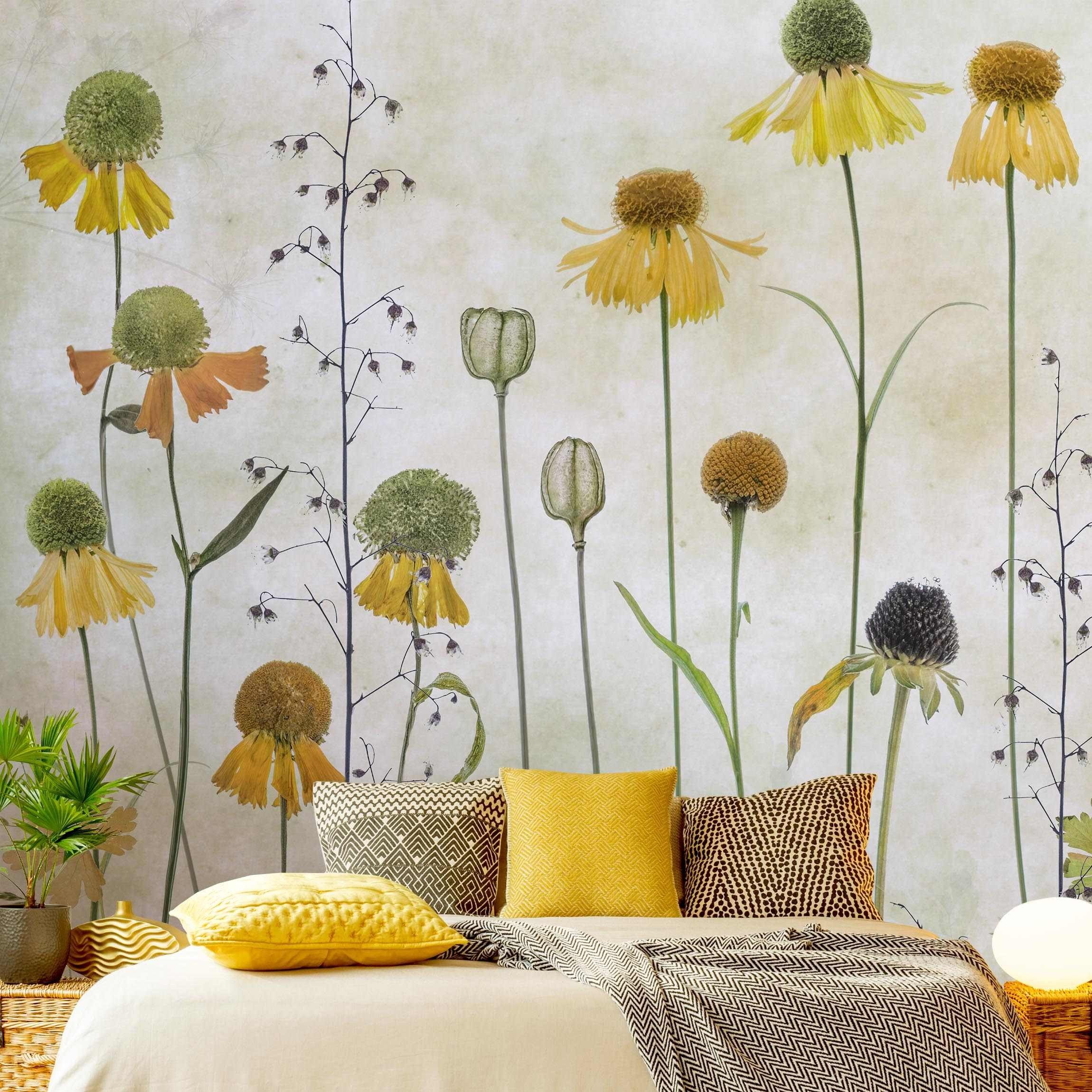 Fototapete Blumen Helenium Blüten Blumentapete Floral Natur Vintage Kunst Gelb