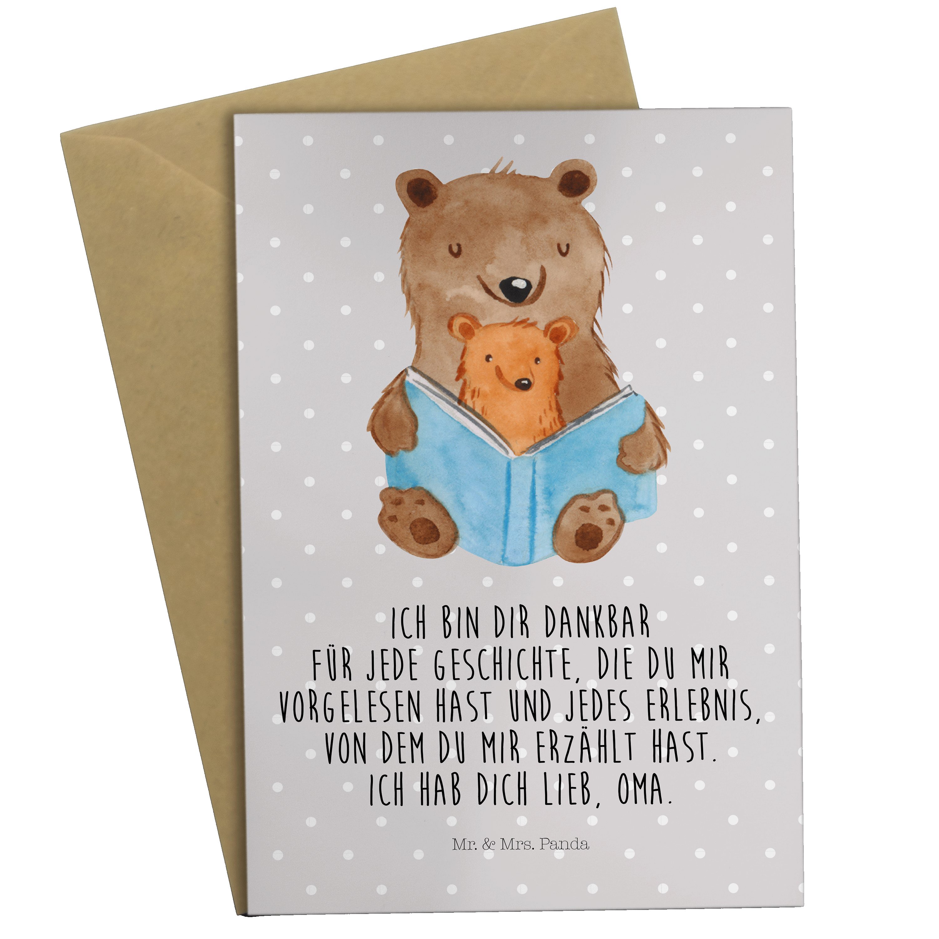 Mr. & Mrs. Panda Grußkarte Bären Buch - Grau Pastell - Geschenk, Glückwunschkarte, Omi, Oma, Geb