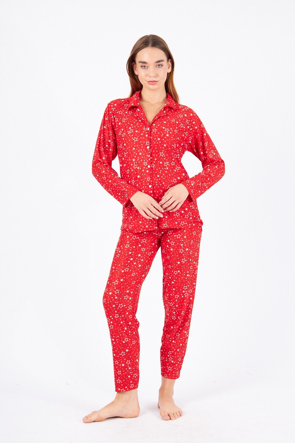 fashionshowcase Schlafanzug Damen Pyjama Set Langärmliges Hemd Lange Hose 100% Baumwolle (Zweiteiler, Nachthemd mit Hose) mit Knopfleiste