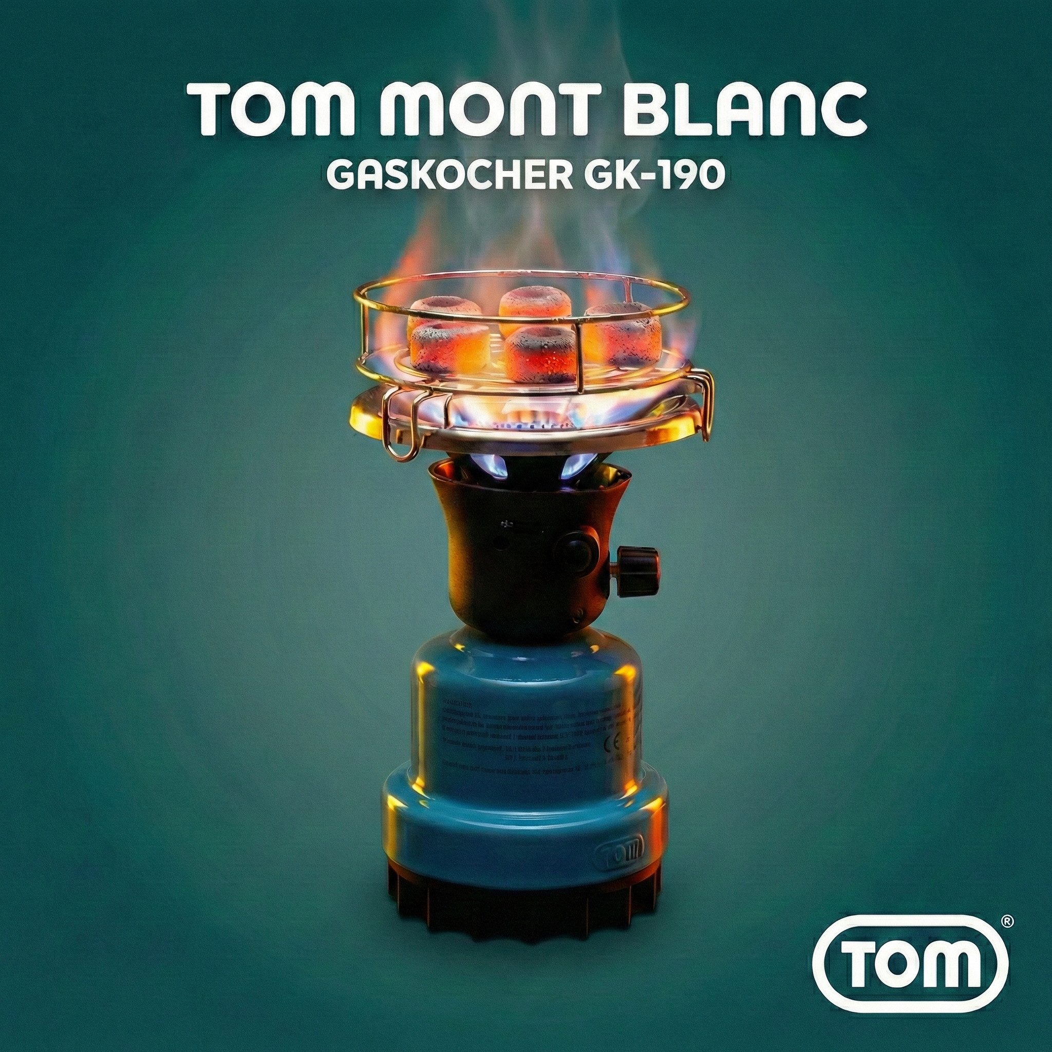 TOM Gaskocher Campingkocher optional mit 4x190g Gas Kartuschen CG-190 Butan Gas, (1-St), 1100W, Piezozündung, Windschutz, Kartuschen Kocher