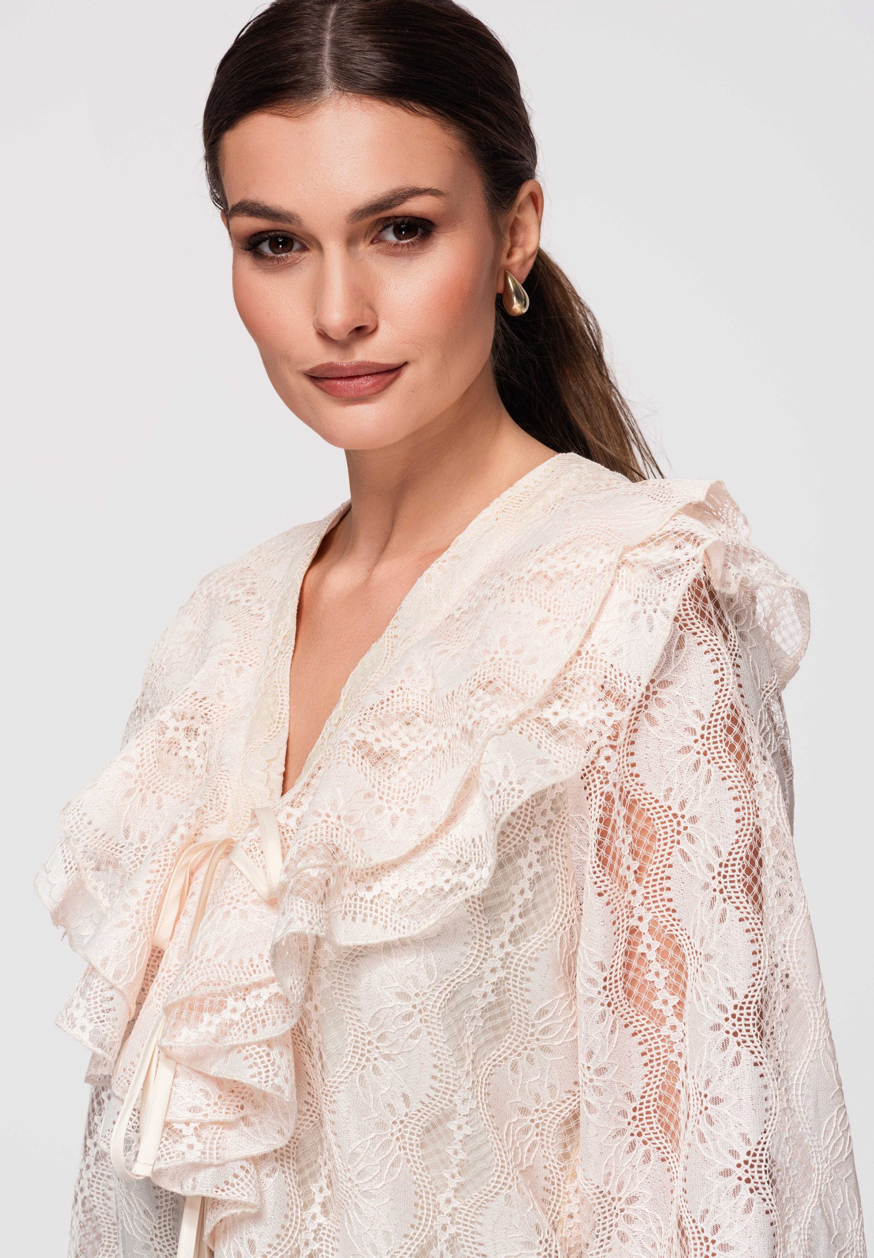 OMBRE Langarmbluse Langarmbluse Damen Spitze Loose Fit Beige L (kein Set, 1-tlg) Ajour-Spitze, dekorative Rüschen