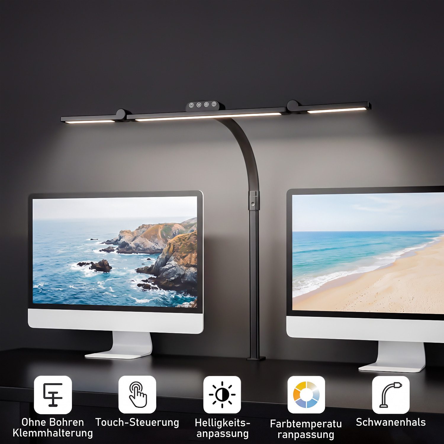 oyajia LED Schreibtischlampe LED Tischleuchte, Dimmbar, Drehbare Tischlampe, Flexiblem Schwanenhals, flexible Gelenke, LED fest integriert, Warmweiß (3000K), Naturweiß (4500K), Kaltweiß (6000K), 5 Farben 5 Helligkeitsstufen dimmbare, 72cm Klemmlampe, Bürolampe