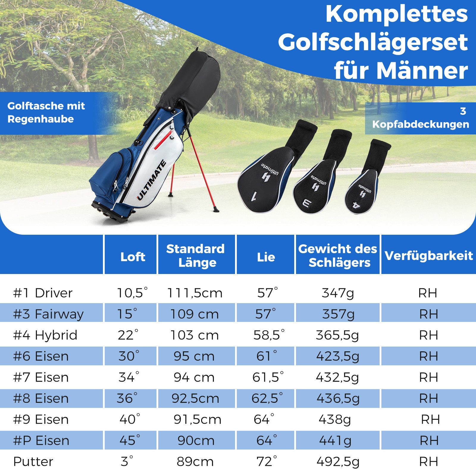 COSTWAY Golfschläger + Golfbag Golfset, Herren, 9 - teilige Einsteigerset