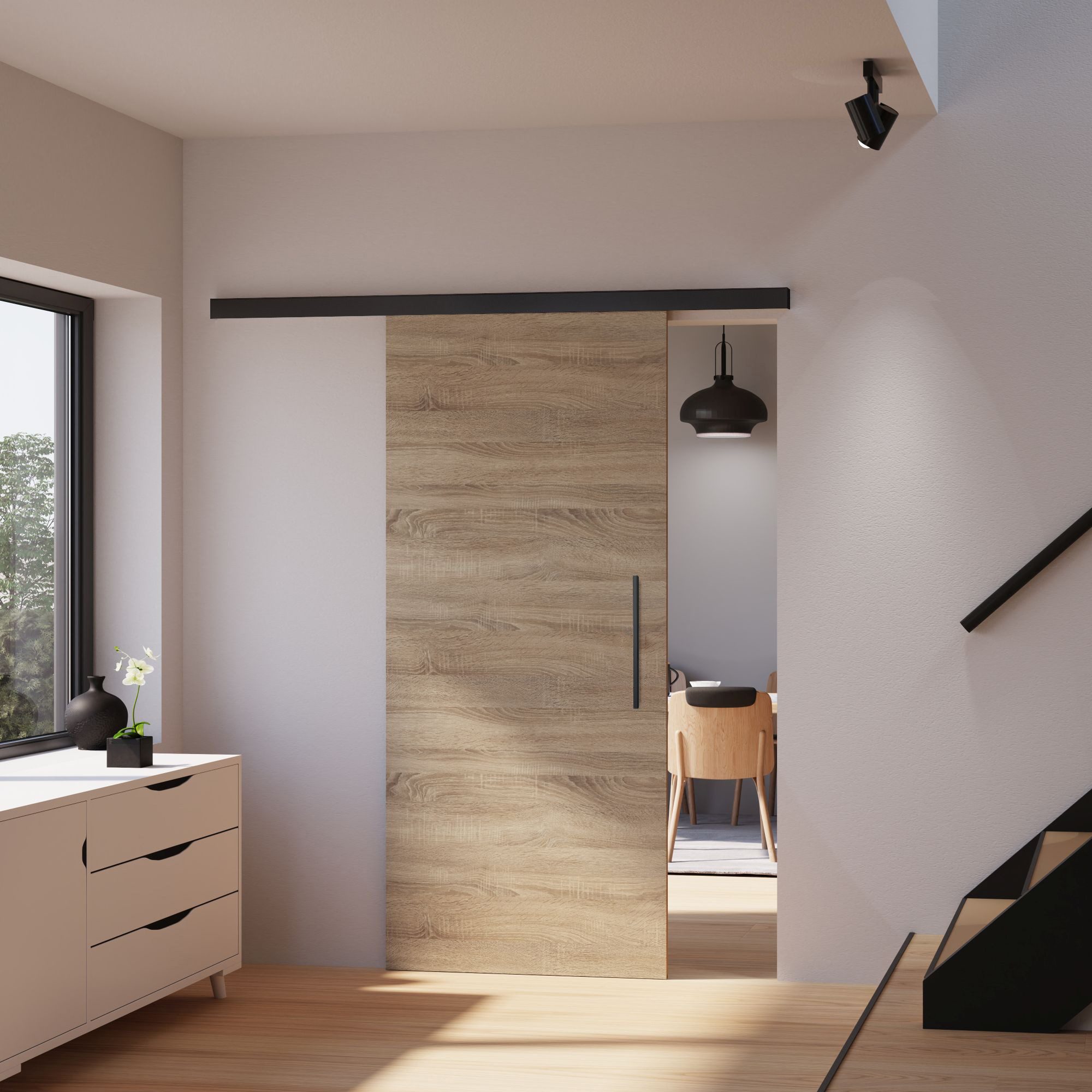 inova wohnen Schiebetür Holzschiebetür Wildeiche, Größenauswahl (Komplett-Set, inkl. Schienensystem und Stabgriff in schwarz), Softclose-Funktion wählbar