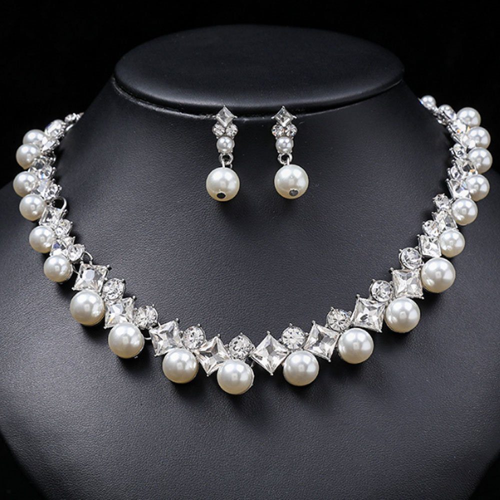 AUzzO~ Schmuckset Brautschmuck-Set Halskette Ringe Ohrringe Damenschmuck Elegant Perlen, 2-tlg Geeignet für Abendessen Partys