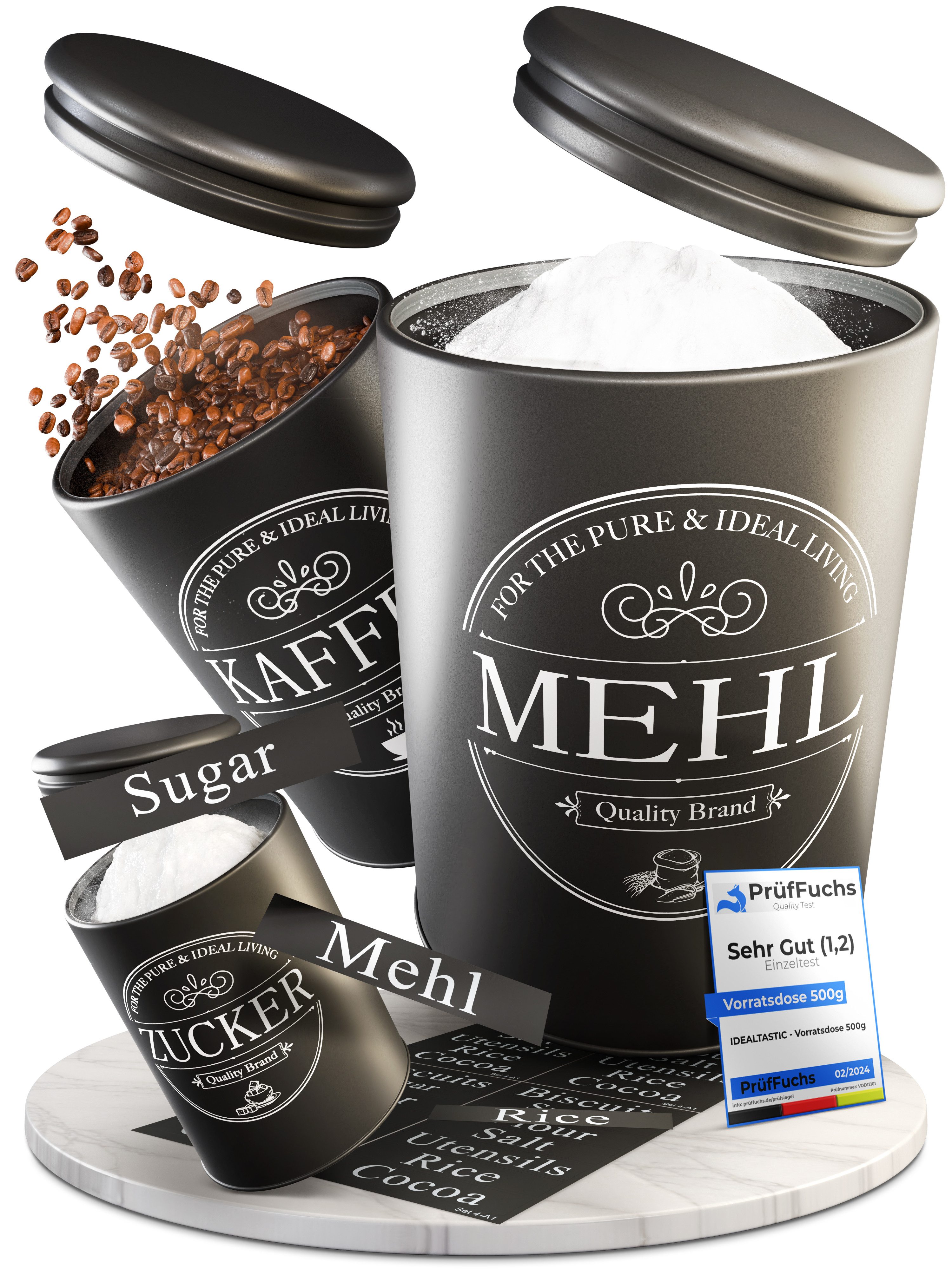Vorratsdose Premium Set Kaffeedose luftdicht 500g, Zuckerdose & Mehl Aufbewahrung