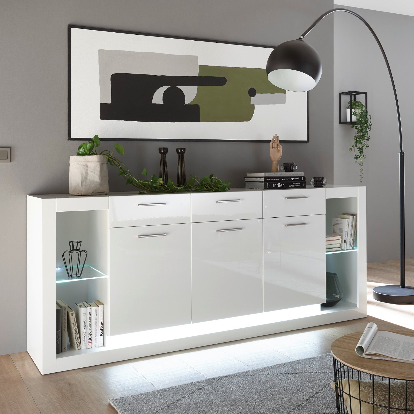 Furn.Design Sideboard Ladis (Anrichte in weiß Hochglanz, 198 x 83 cm), mit 3 Schubladen