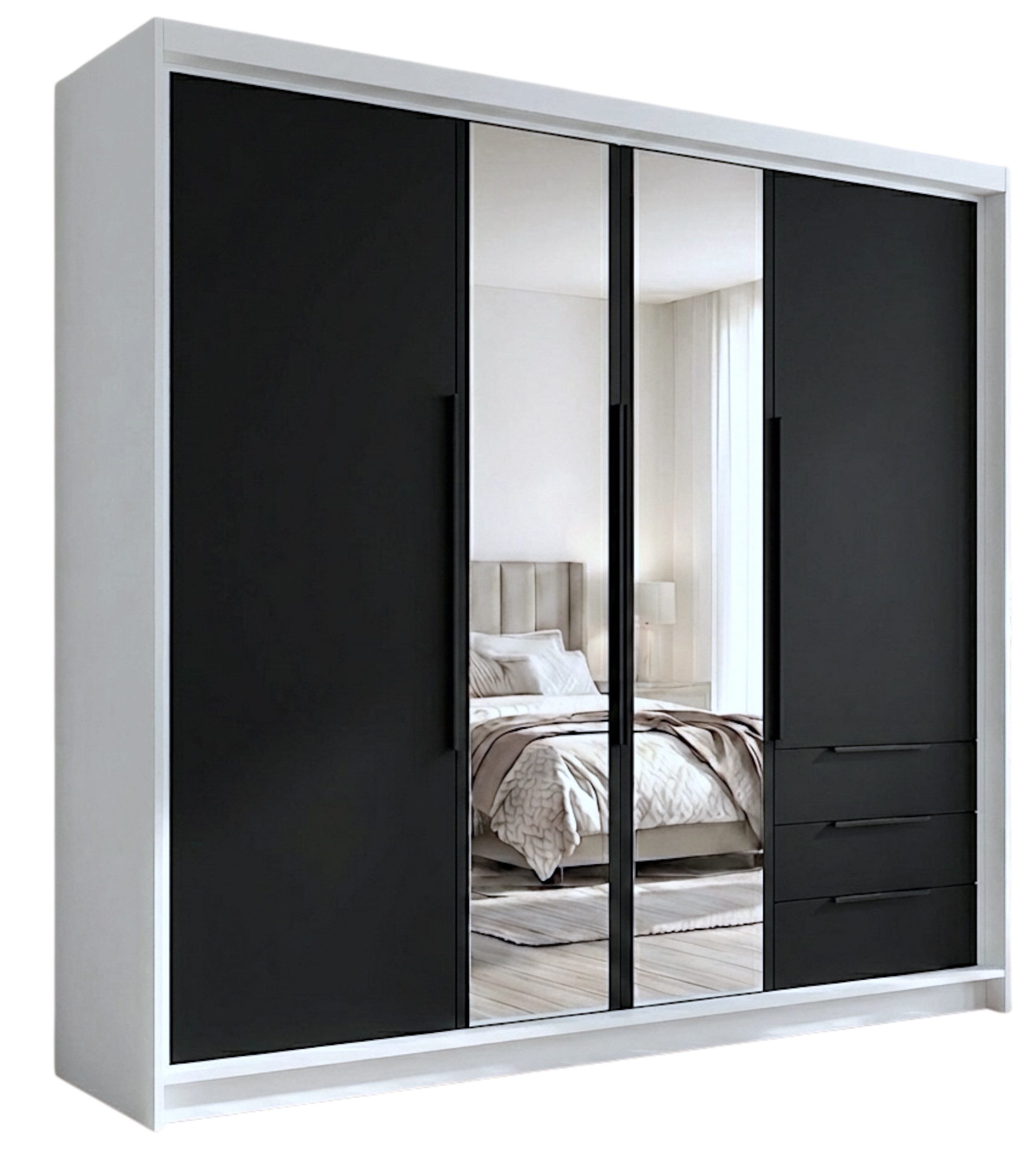 A&J MöbelLand GmbH Drehtürenschrank VIVO mit integrierten Schubladen (Geräumiger vier¬türiger Kleiderschrank mit Schubladen und Metallgriffen. Geräumiger Schrank mit einer Breite von 200 cm und Schubladen, ideal zur Aufbewahrung von Kleidung und Accessoir