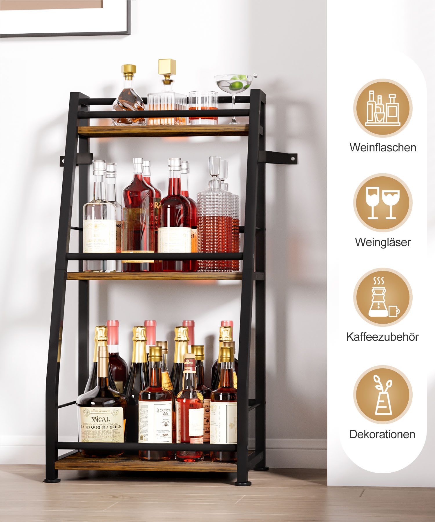 Yorbay Weinregal Stehend, Weinständer aus Holz &Metal 40x30x80cm, Gewürzregal für Küche, Wohnzimmer, Kaffee - Bar