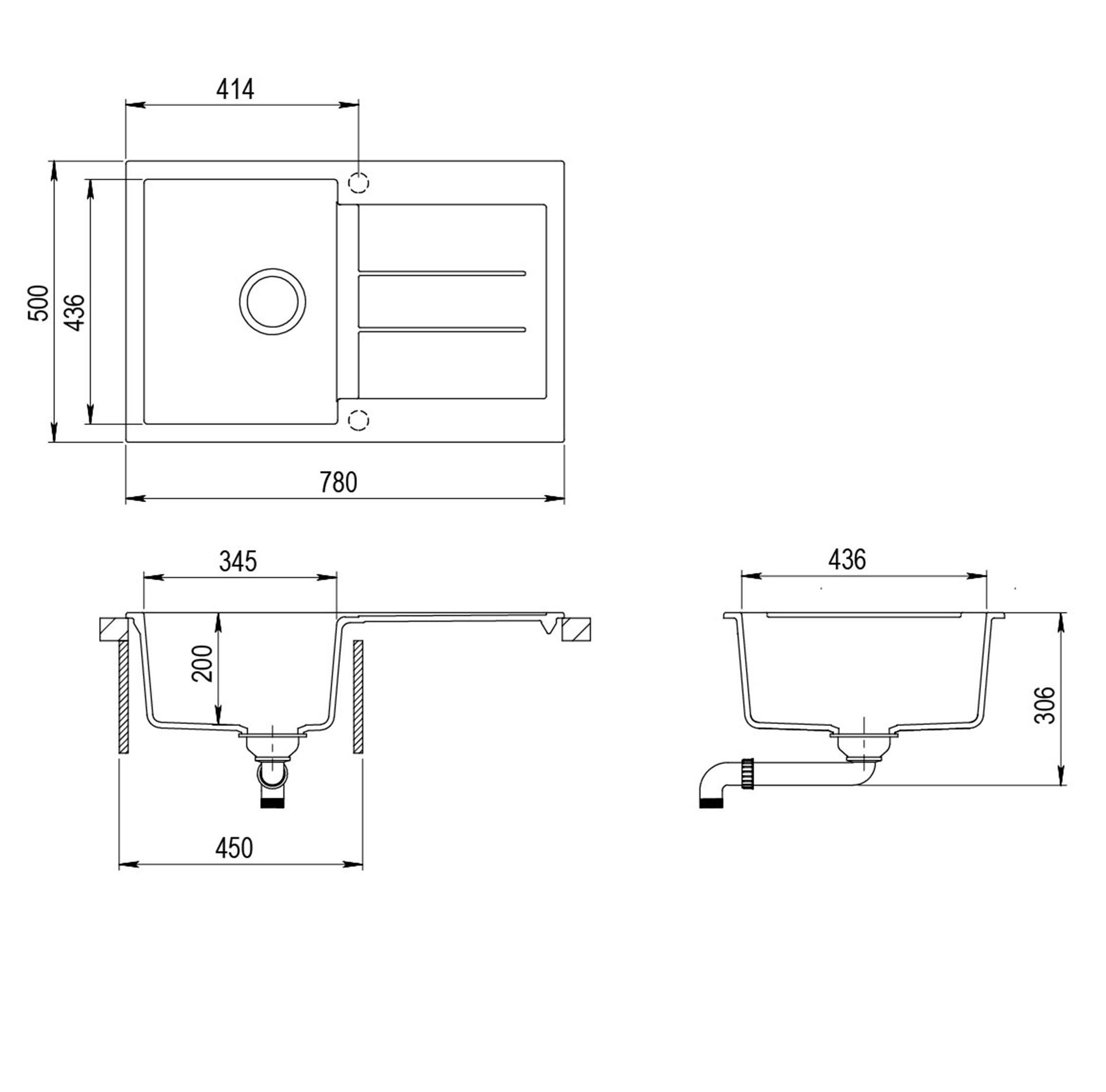Einbau Granitspüle 101 (2 -601 Küchenspüle SQT St), cm, 78/50 Schwarz+Messing-Armatur AW+5553-601, GURARI