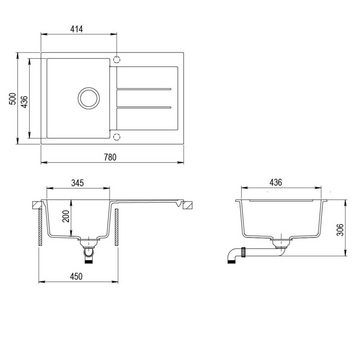 GURARI Granitspüle SQT 101 -601 AW, 78/50 cm, (1 St), Küchenspüle, Einbau Granitspüle Schwarz, inkl. Siphon,780x500