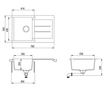 GURARI Granitspüle SQT 101 -601 AW+SQT-472.320, (2 St), Küchenspüle, Einbau Granitspüle Schwarz, inkl. Siphon+SCHNEIDEBRETT