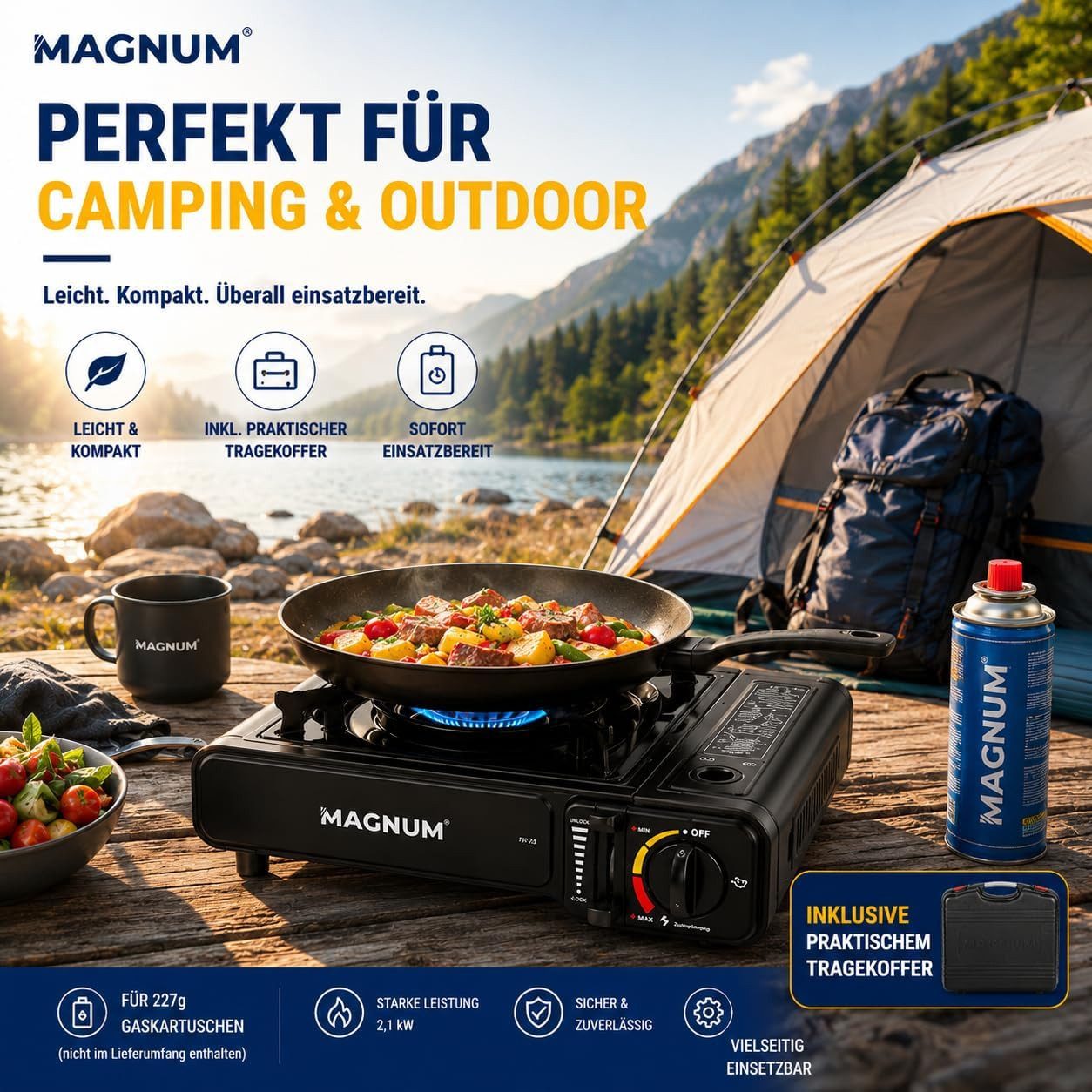 Magnum Wave Gaskocher Gaskocher Camping [2,1 kW] Piezozündung Tragekoffer 4 Kartuschen, 2,1 kW · Piezozündung · Tragekoffer · 4 Kartuschen inkl.