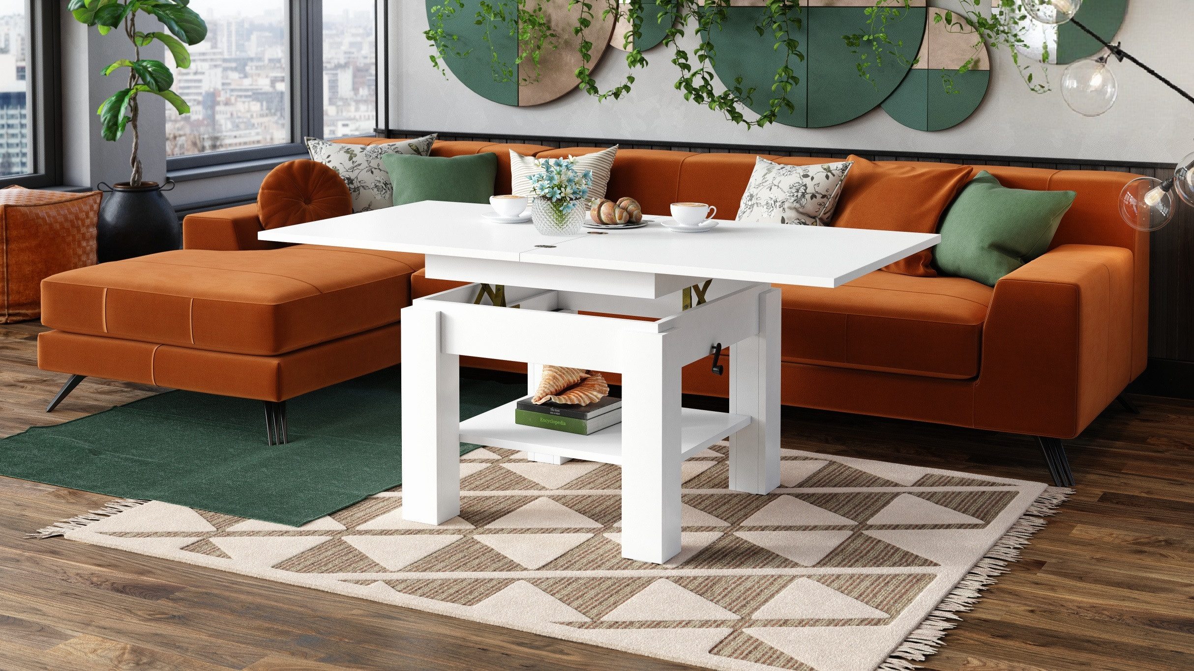 designimpex Couchtisch Design Cleo stufenlos höhenverstellbar aufklappbar Esstisch