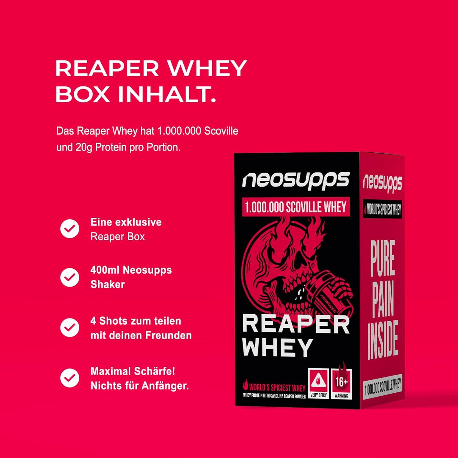 Neosupps Reaper Whey Box, Set mit Shaker, Shots & Protein Shake Challenge Pulver, 1.000.000 SCOVILLE Carolina Reaper Whey, Extrem scharfes Eiweiß Pulver
